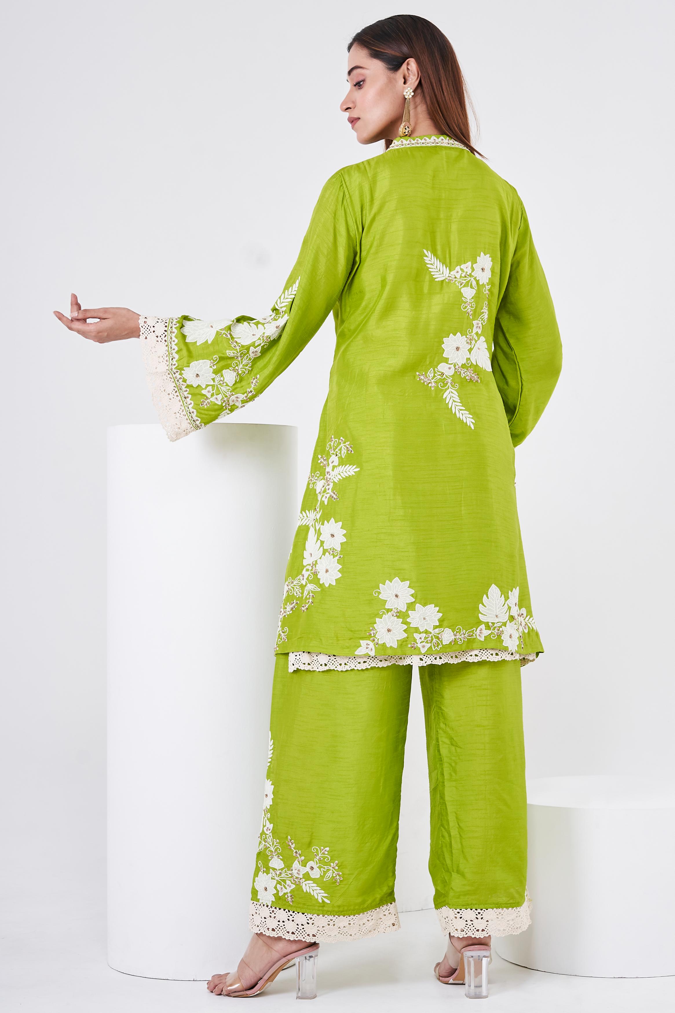 Parrot Green Embellished Chinon Silk Co-Ord Set