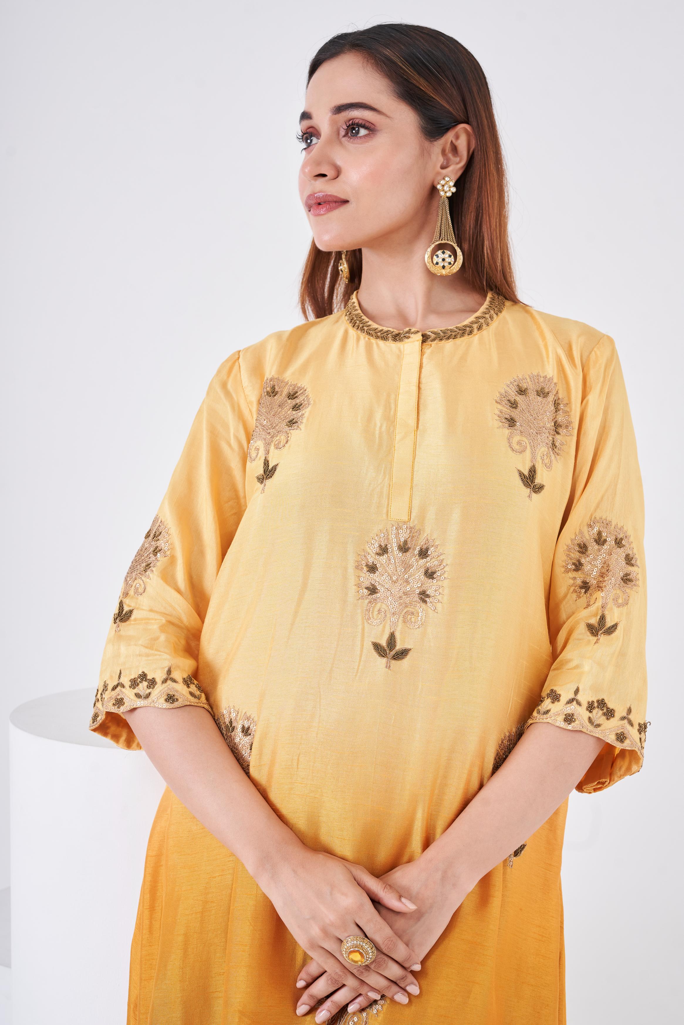 Carrot Orange  Embellished Italian Silk Palazzo Set