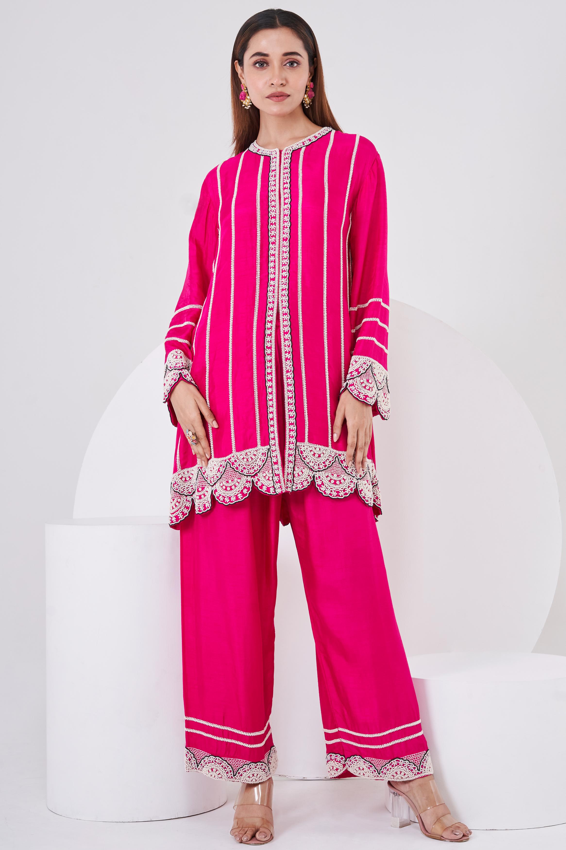 Cerise Pink Embellished Italian Silk Palazzo Set