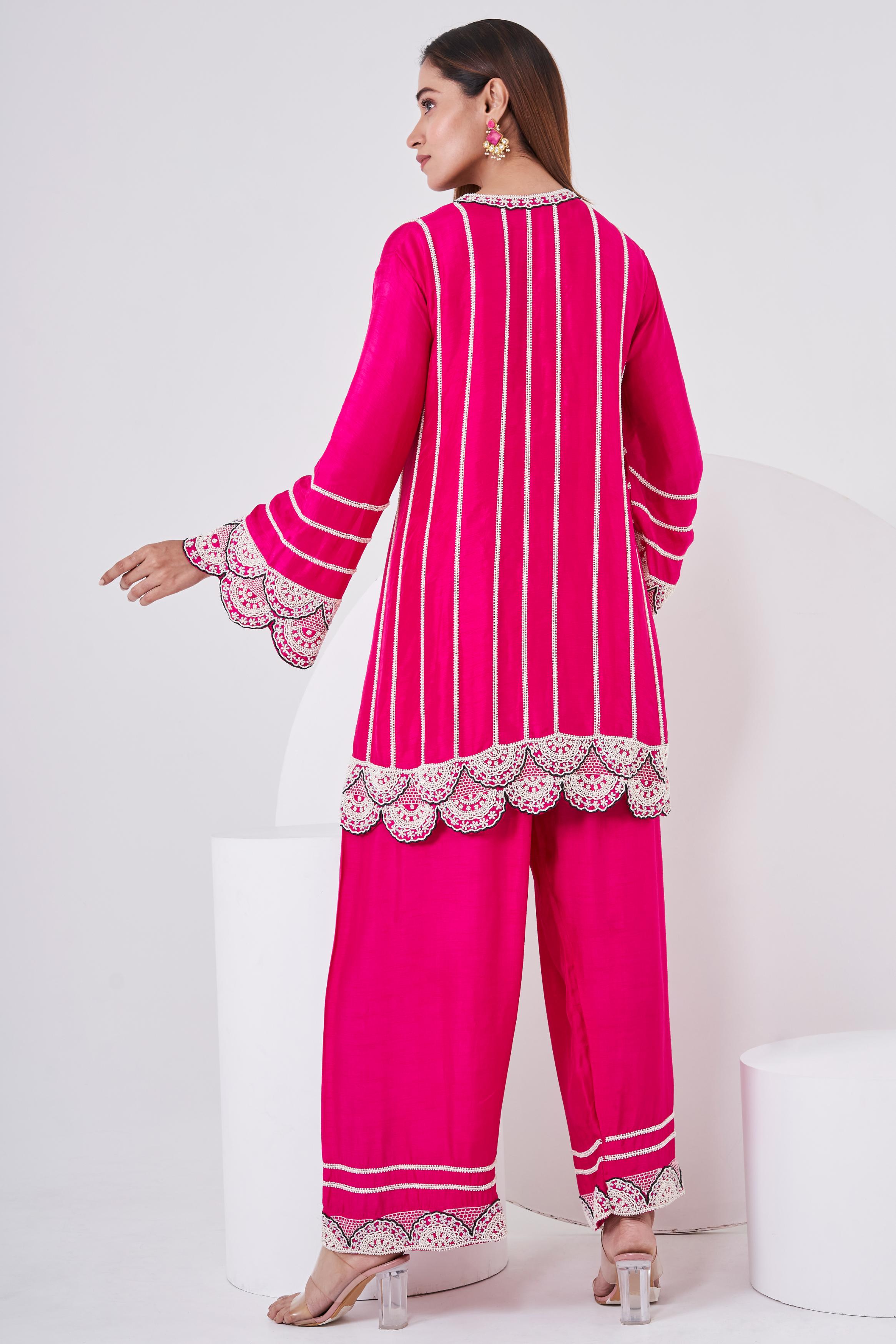 Cerise Pink Embellished Italian Silk Palazzo Set