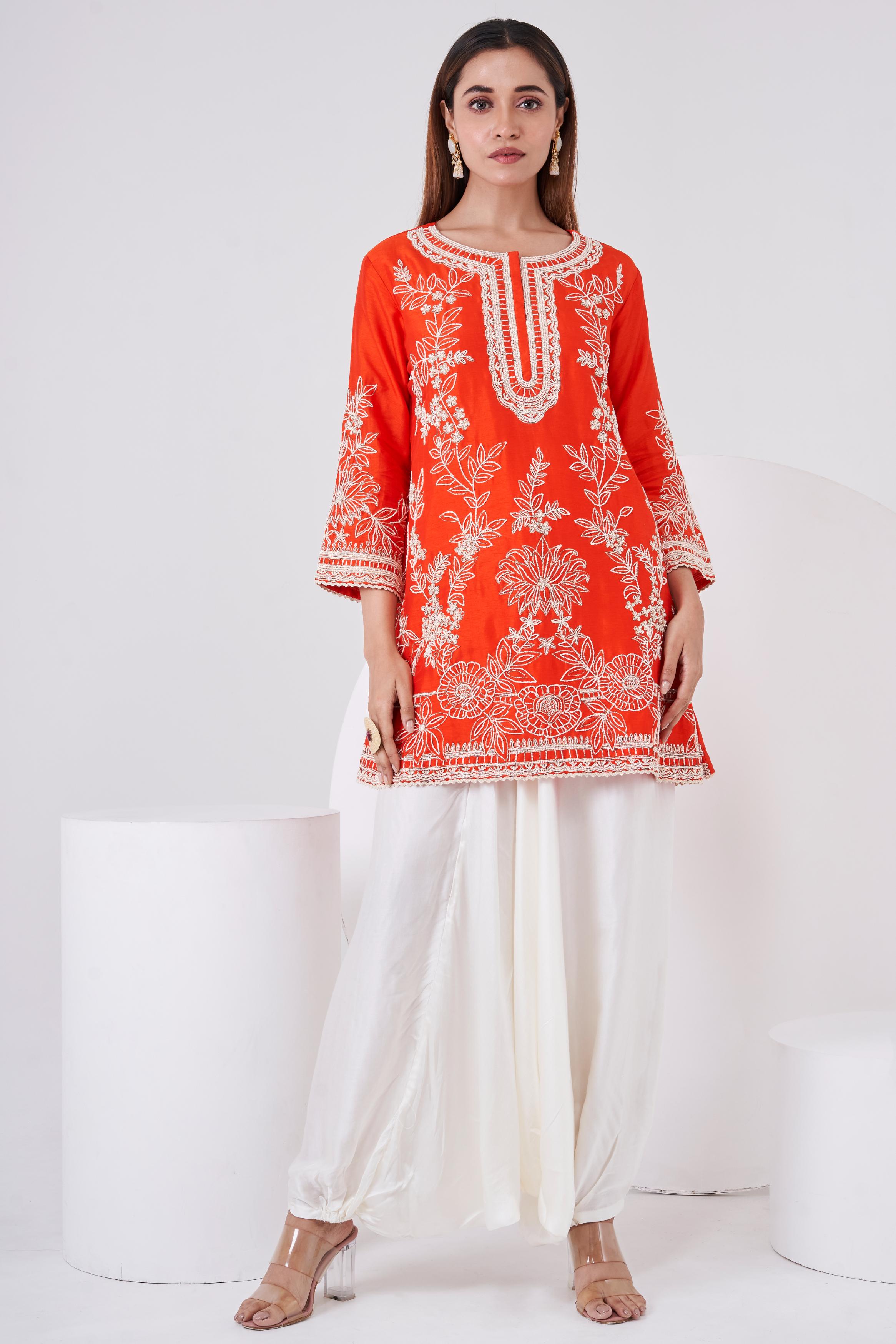 Bright Orange Embellished Raw Silk Co-Ord Set