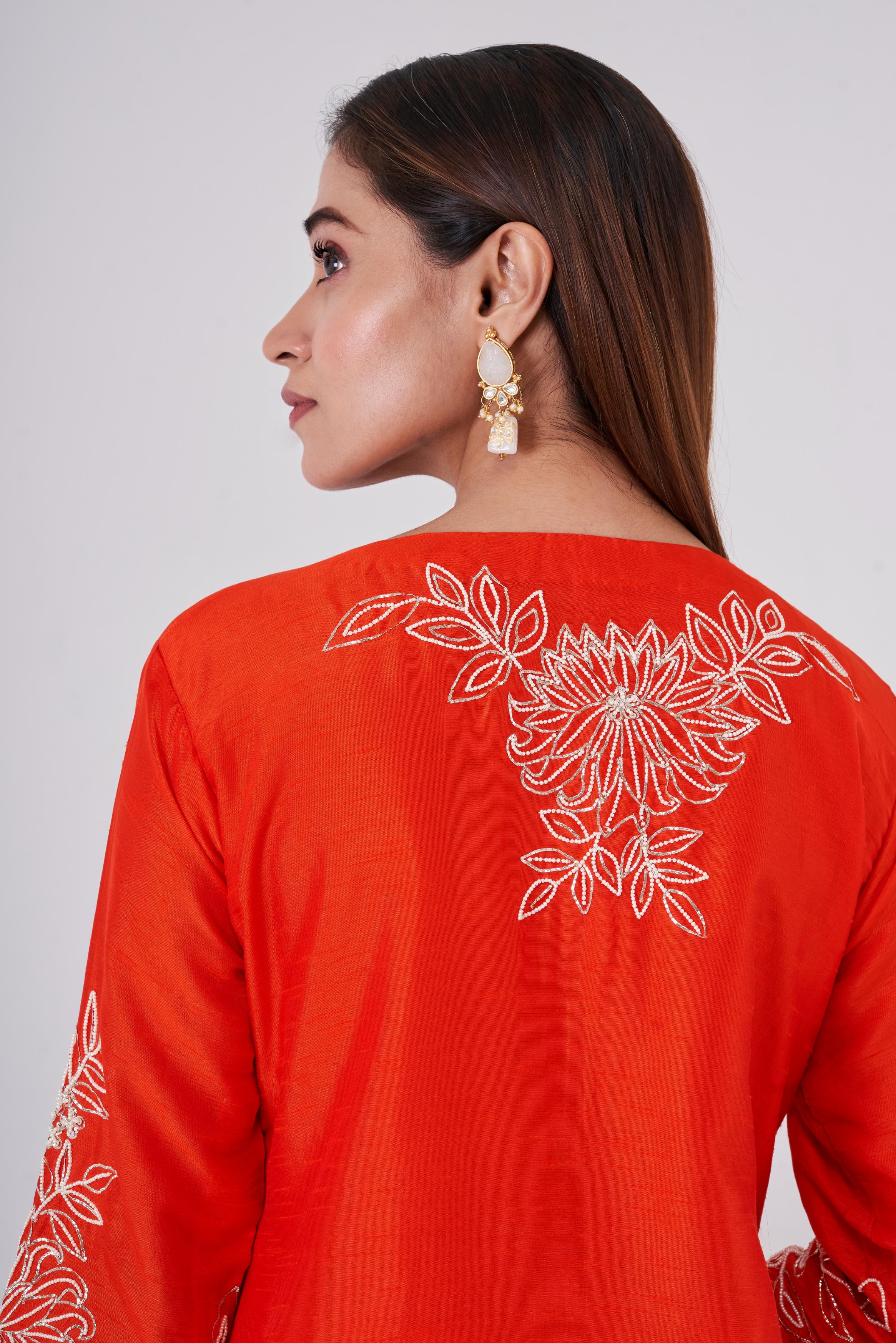 Bright Orange Embellished Raw Silk Co-Ord Set