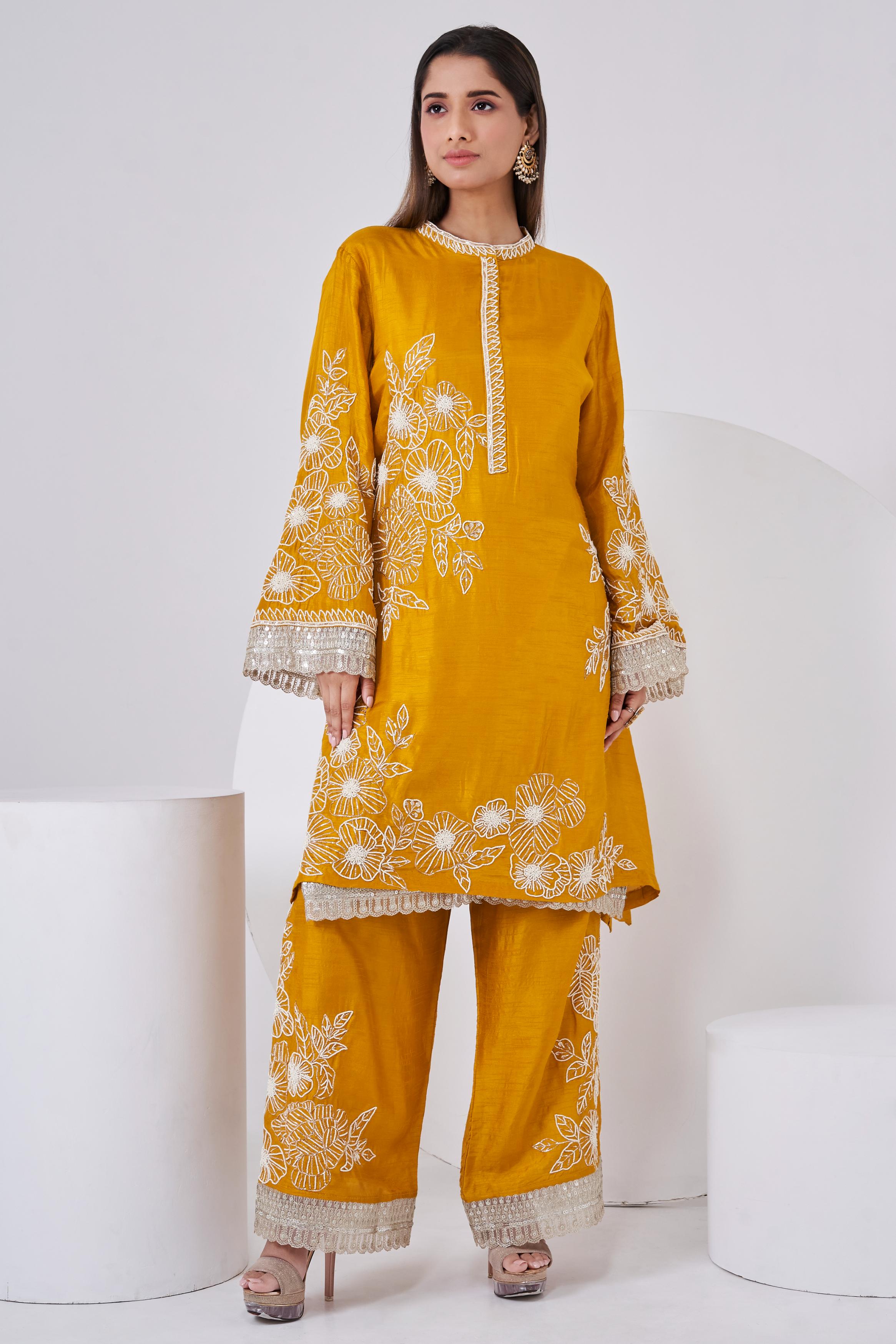 Deep Yellow Embellished Chinon Silk Co-Ord Set