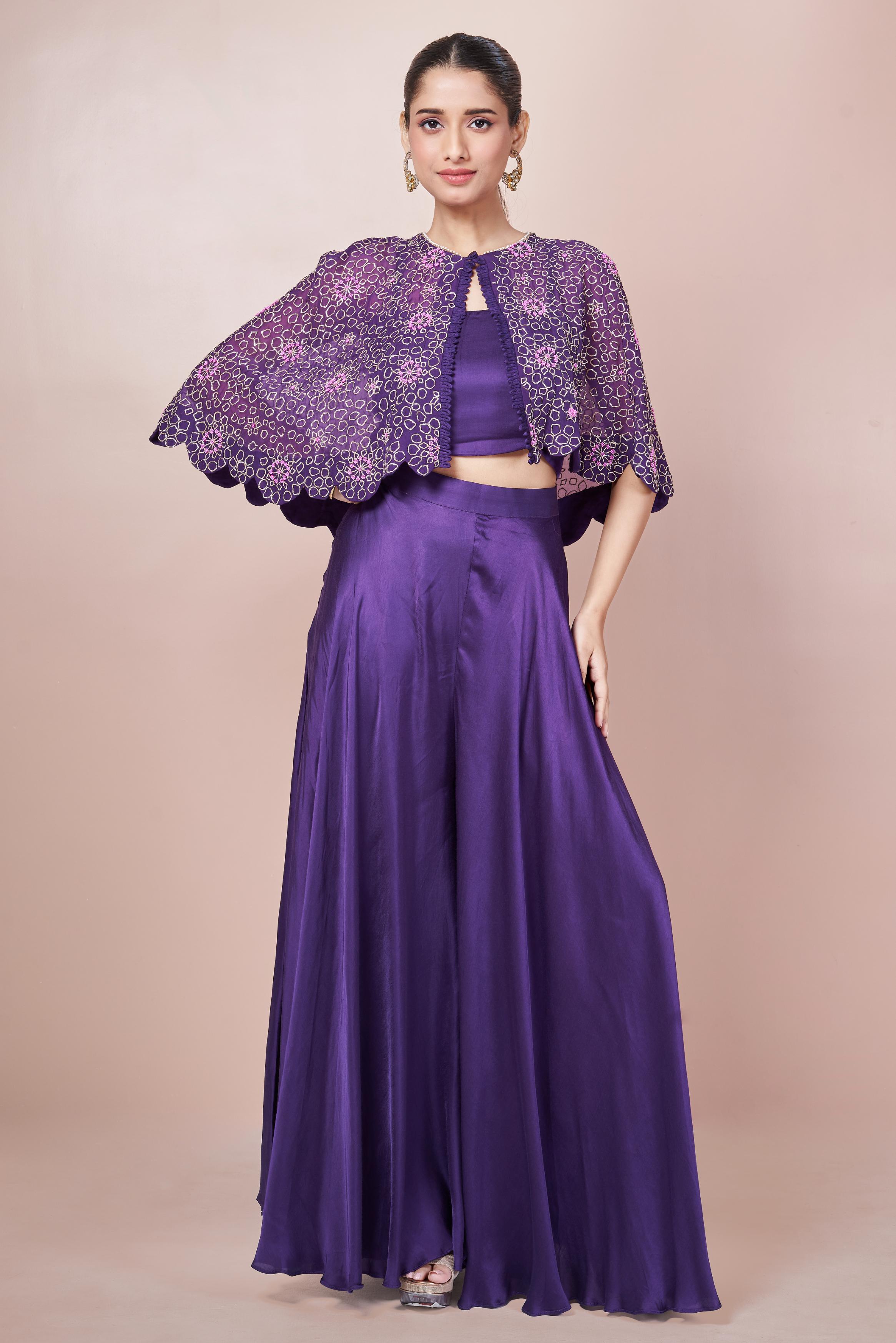 Party Purple Embellished Italian Silk Palazzo Set