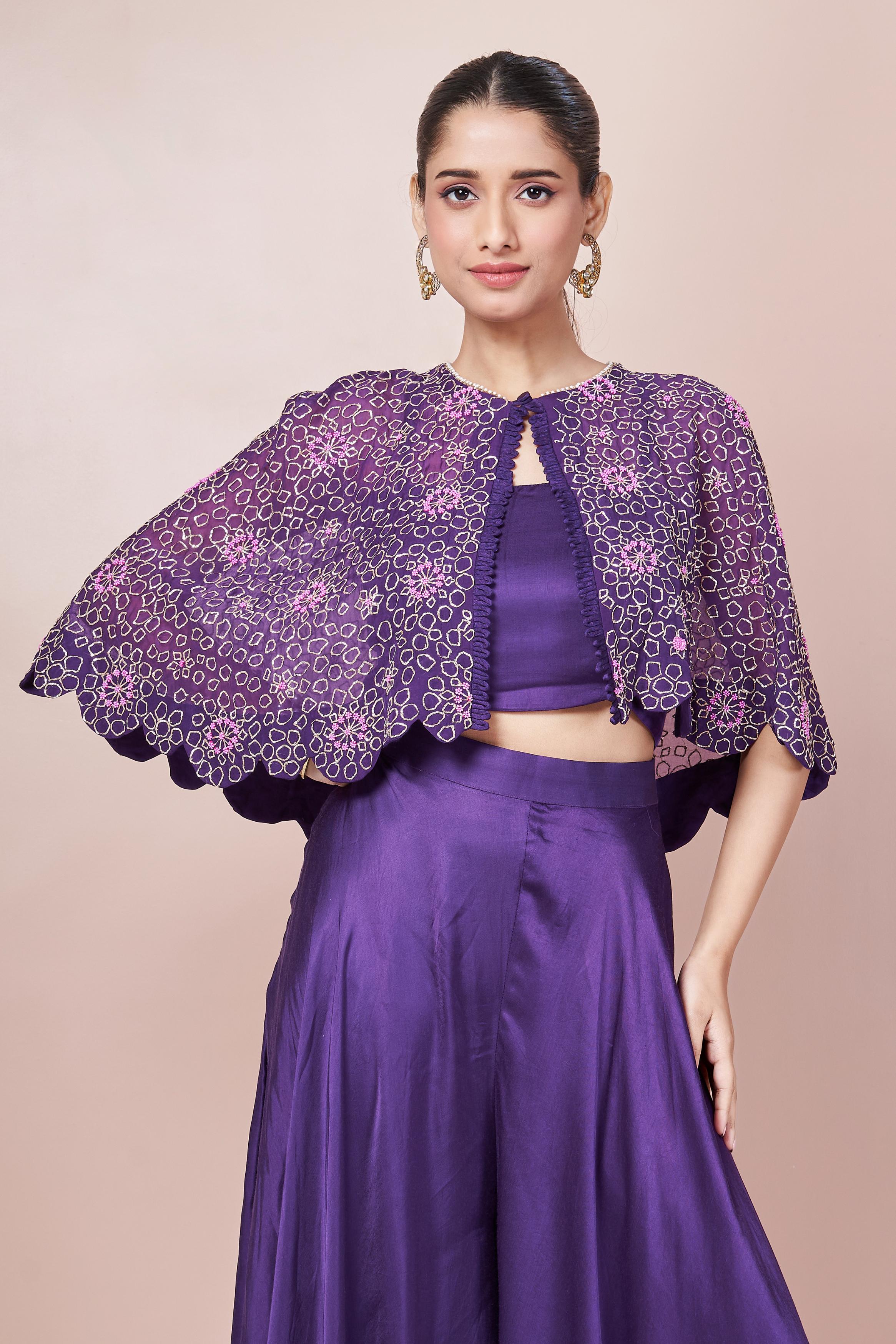 Party Purple Embellished Italian Silk Palazzo Set