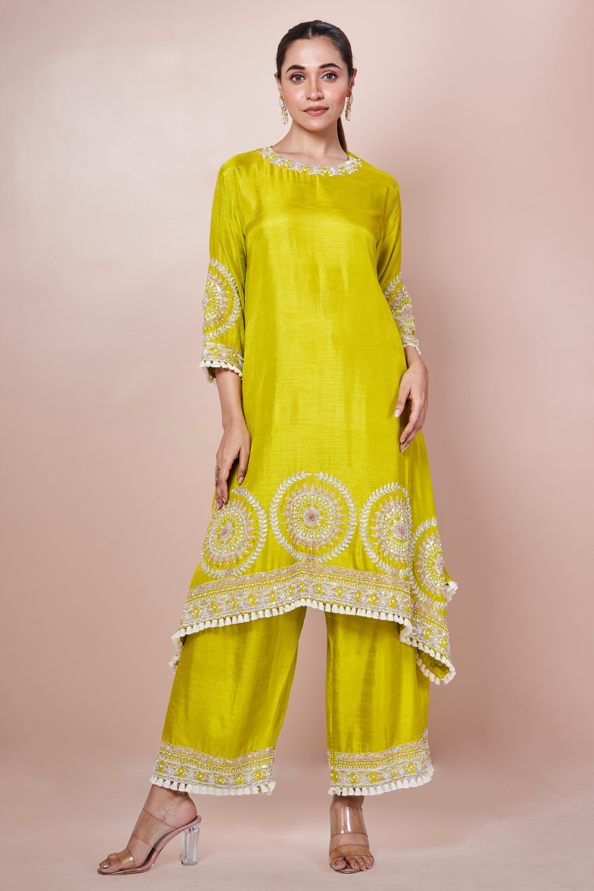 Pear Green Embellished Chinon Silk Palazzo Set