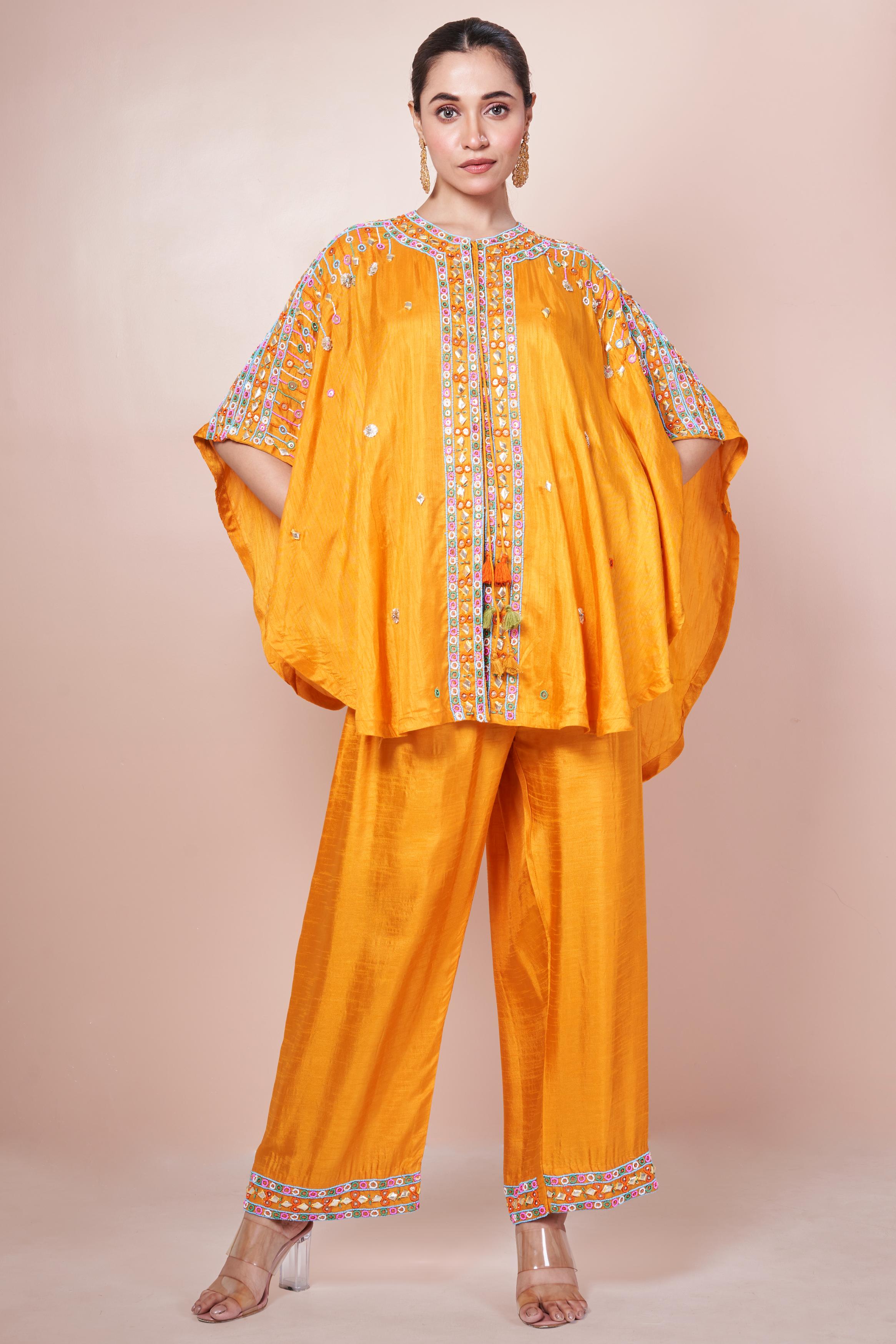 Glossy Orange  Embellished Pure Chinon Silk Co-Ord Set