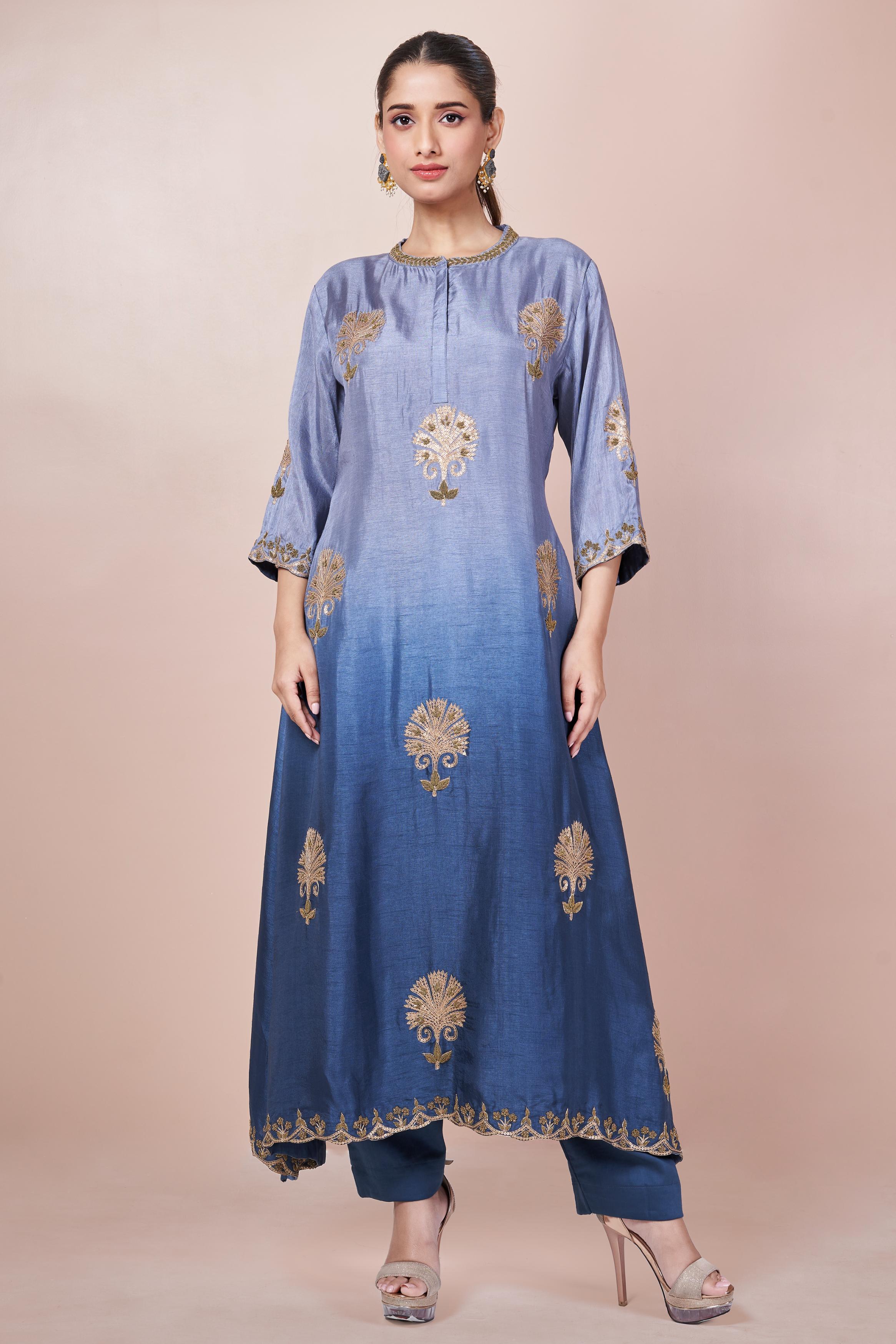 Blue Ombre-Dyed  Embellished Italian Silk Palazzo Set