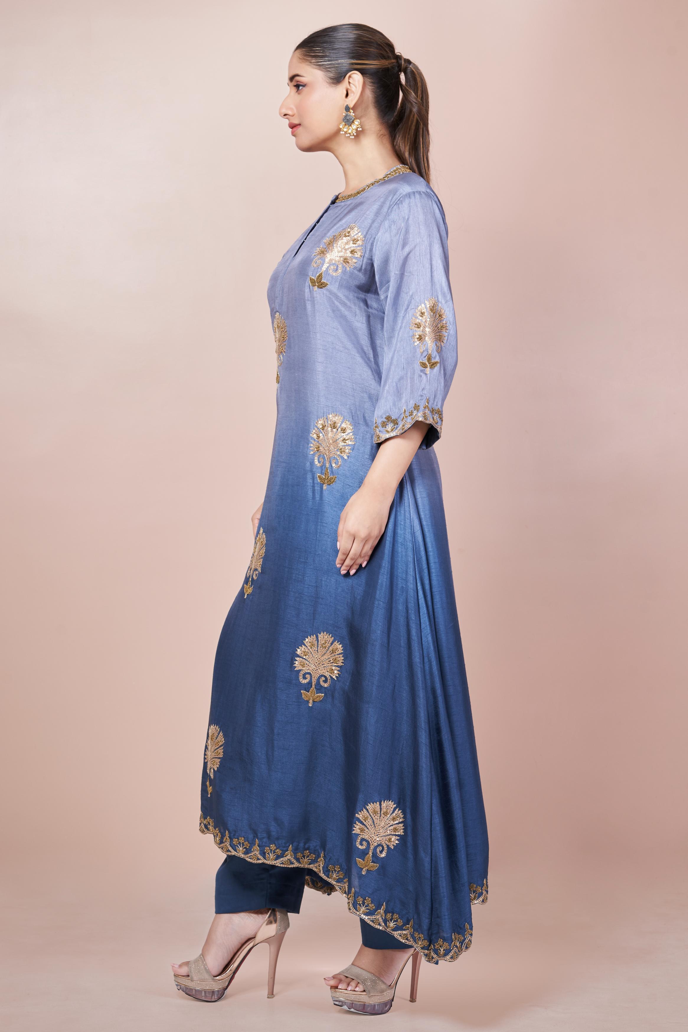Blue Ombre-Dyed  Embellished Italian Silk Palazzo Set