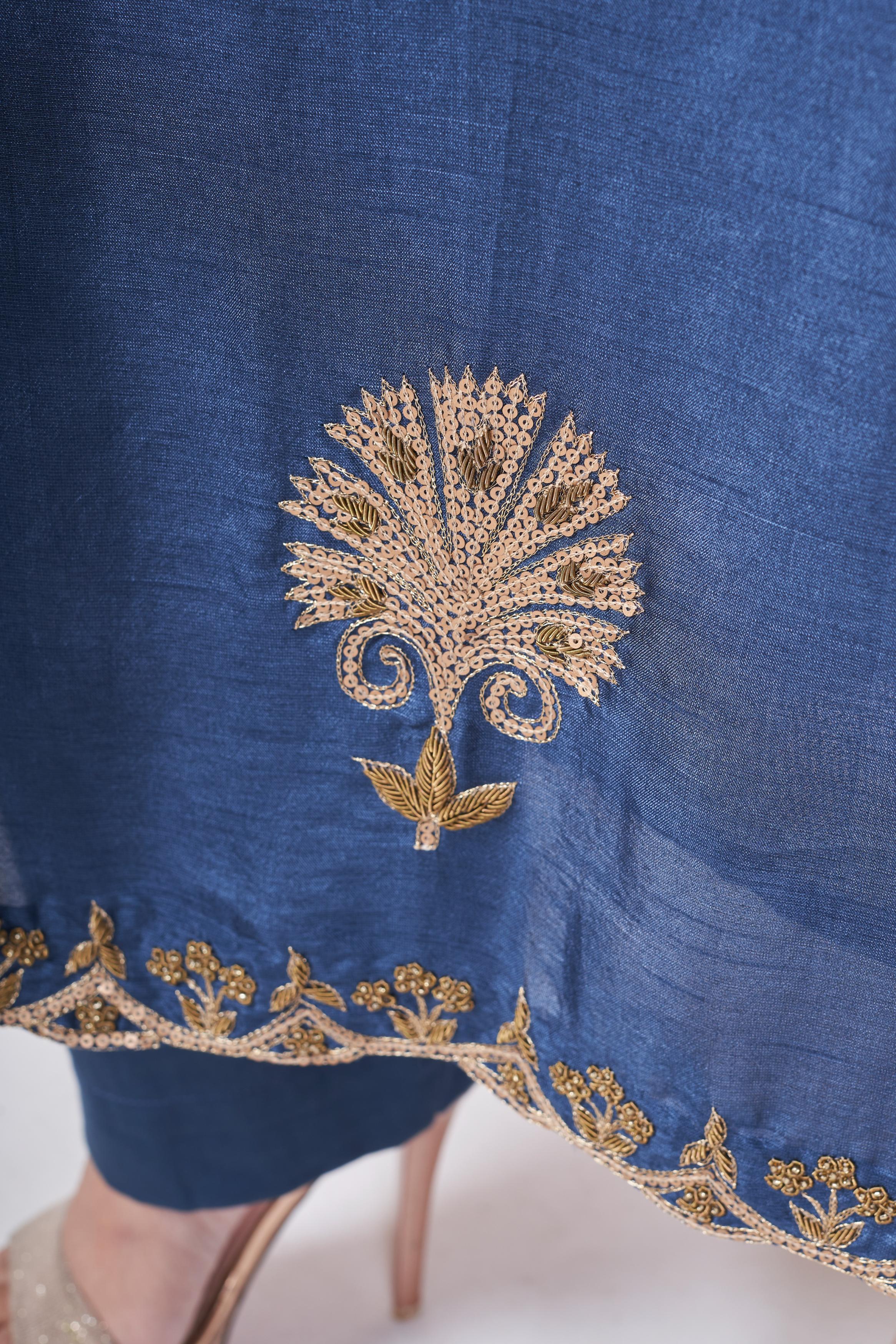Blue Ombre-Dyed  Embellished Italian Silk Palazzo Set