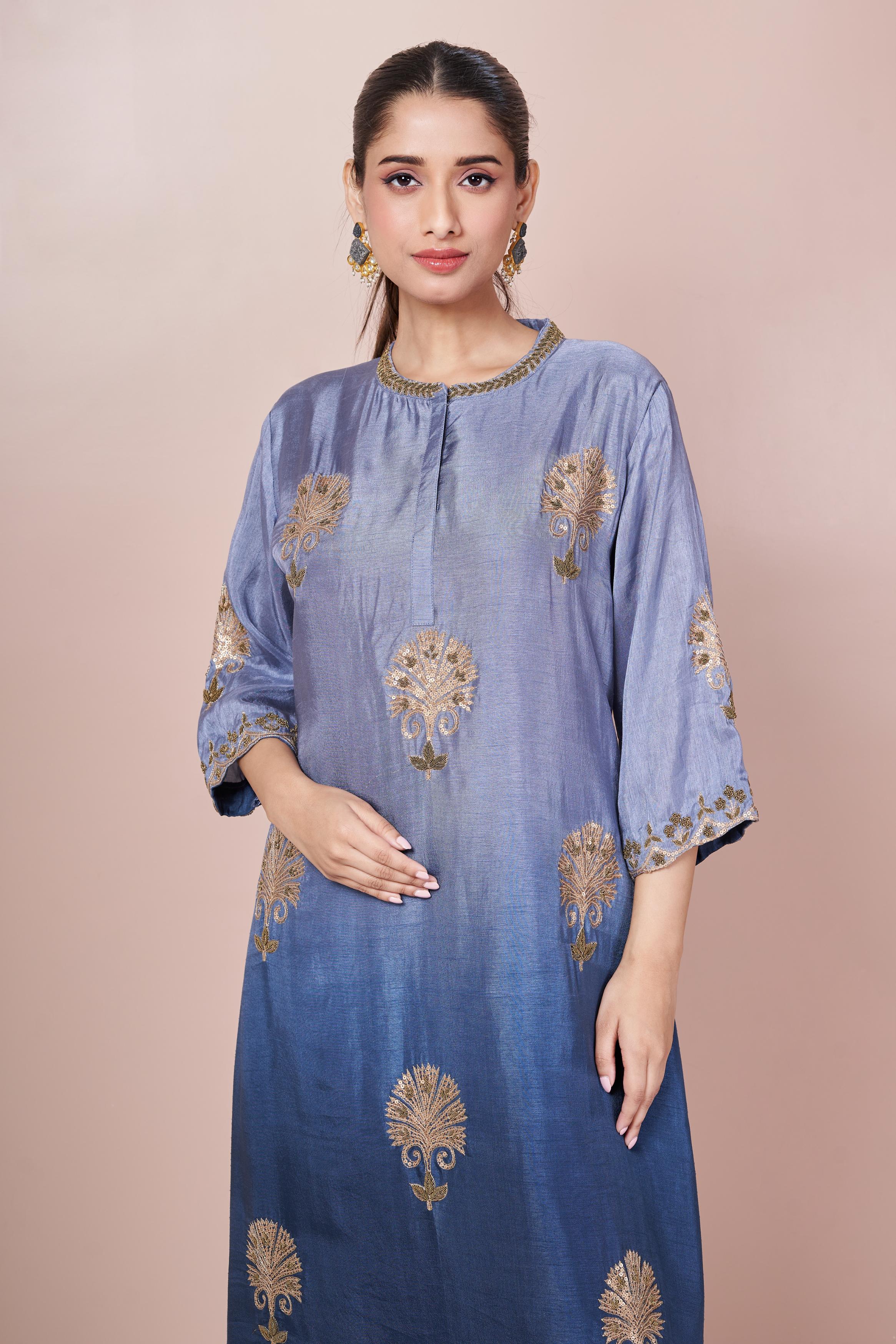 Blue Ombre-Dyed  Embellished Italian Silk Palazzo Set
