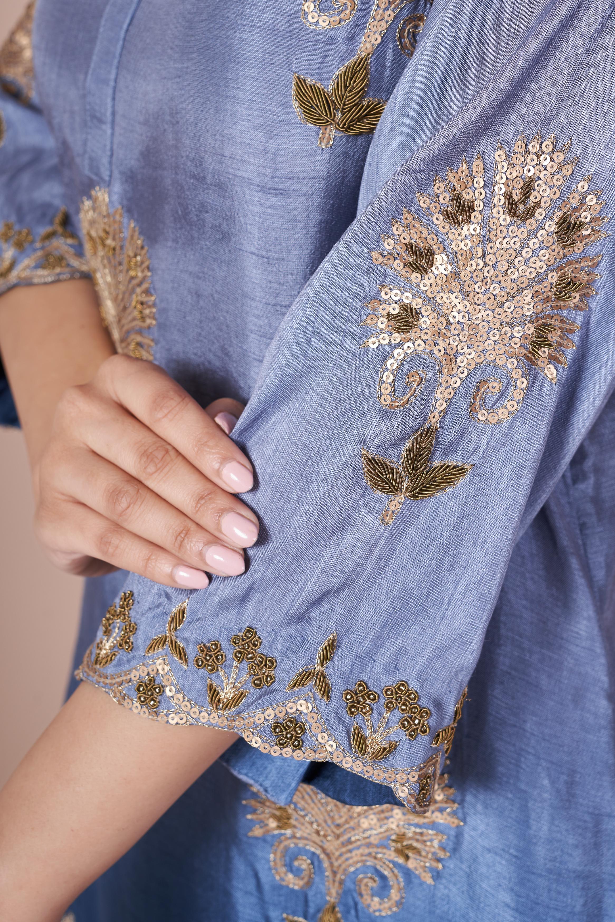 Blue Ombre-Dyed  Embellished Italian Silk Palazzo Set