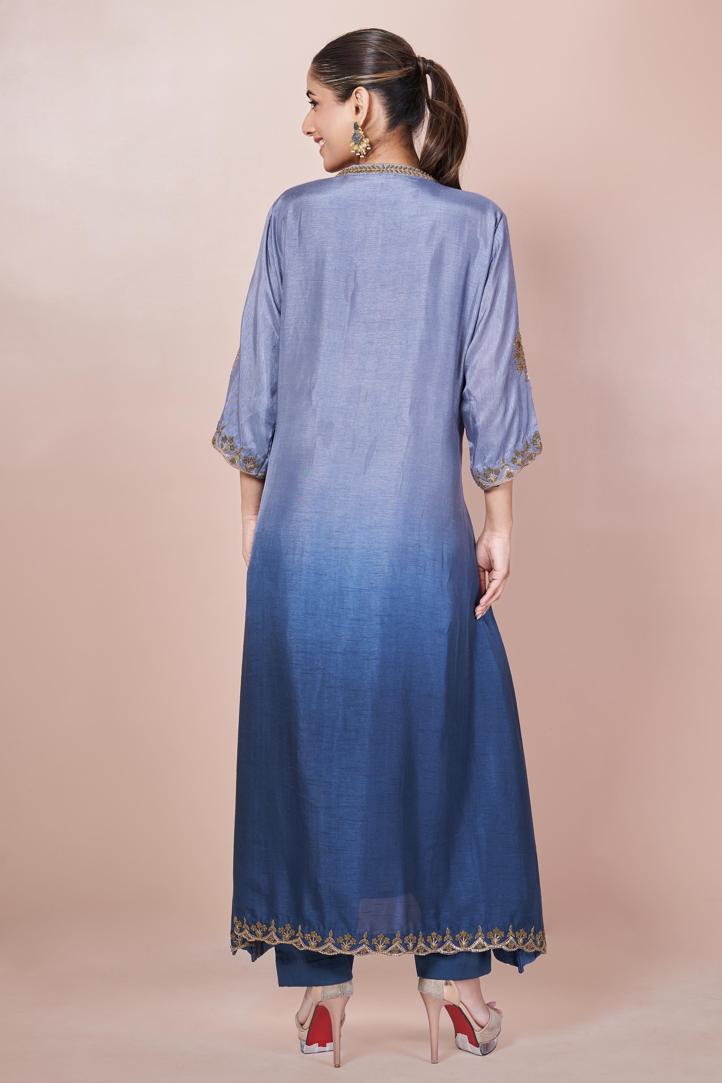 Blue Ombre-Dyed  Embellished Italian Silk Palazzo Set