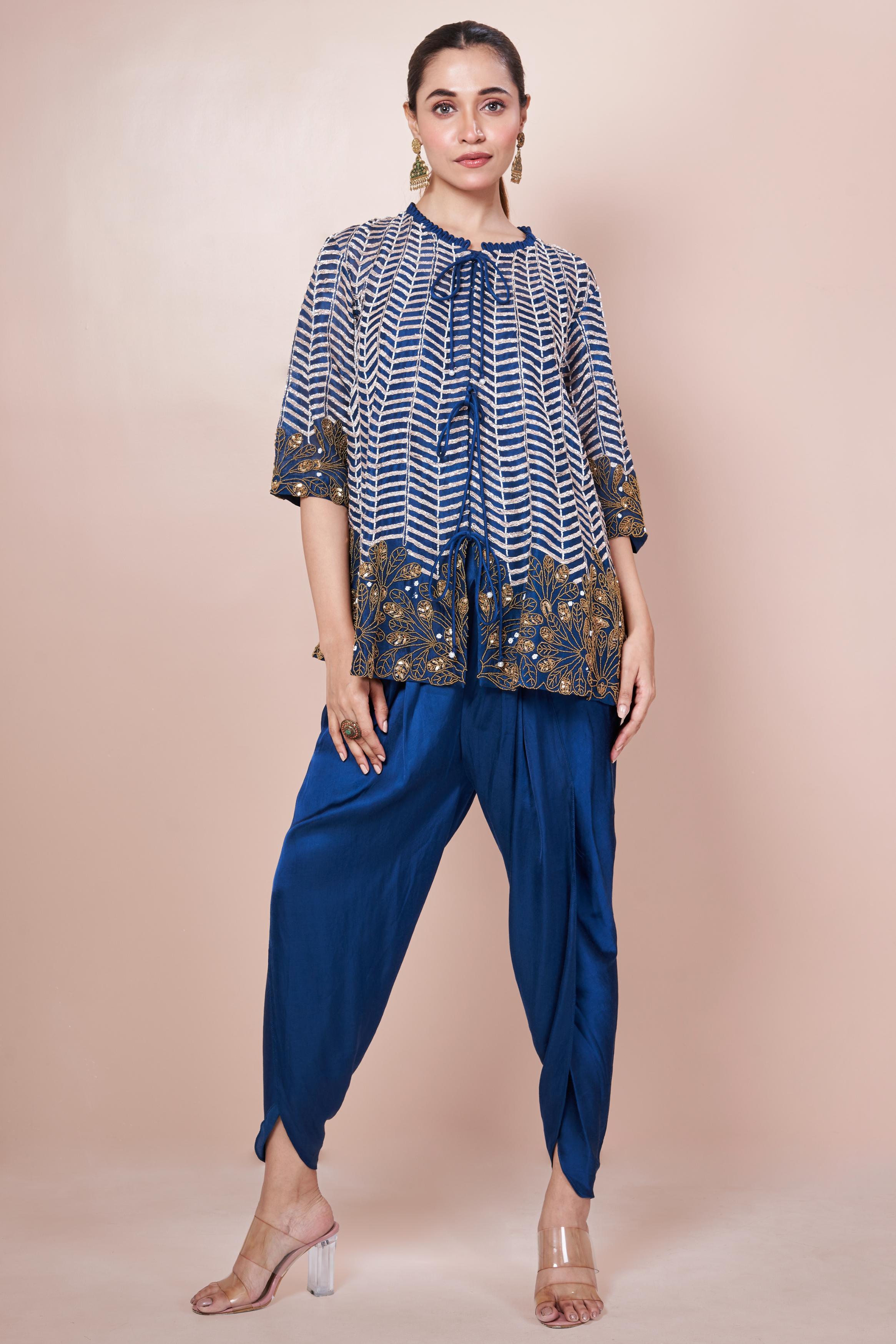 Teal Blue Embellished Chinon Silk Co-Ord Set