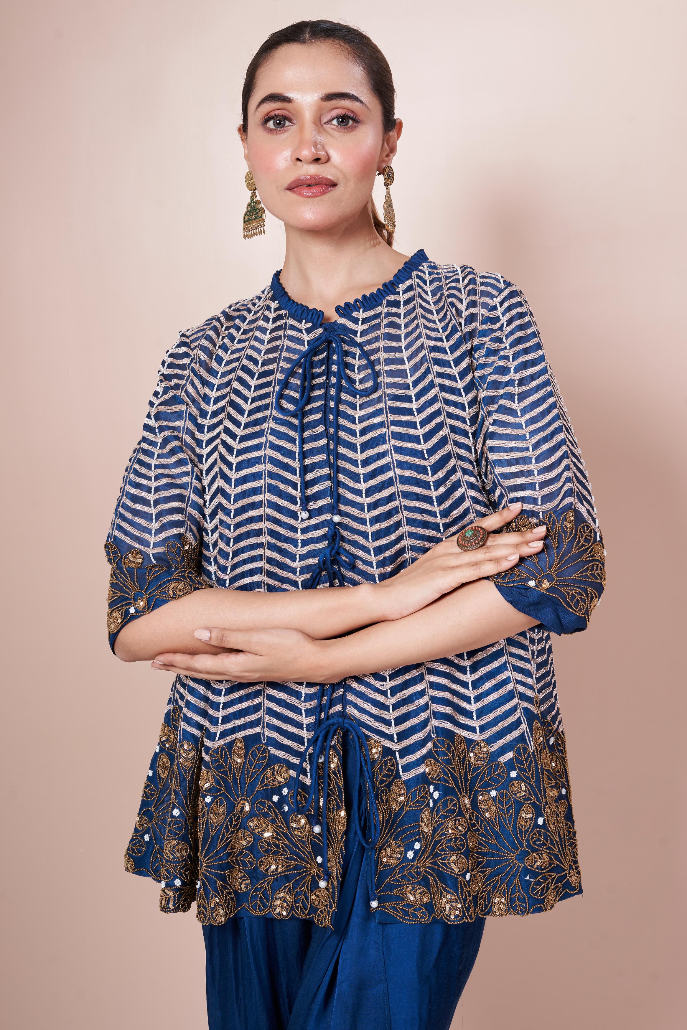 Teal Blue Embellished Chinon Silk Co-Ord Set