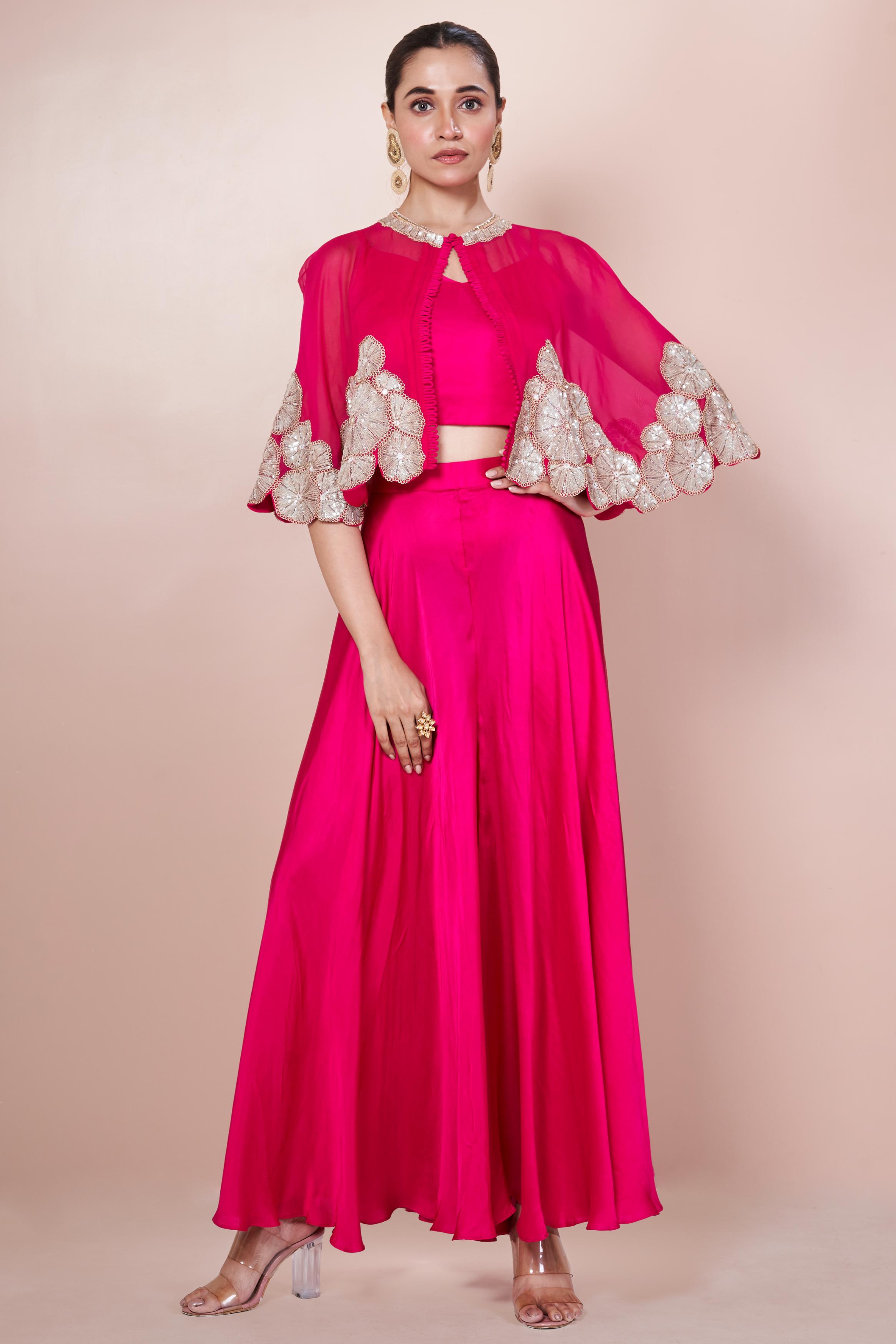 Dark Pink  Embellished Italian Silk Palazzo Set
