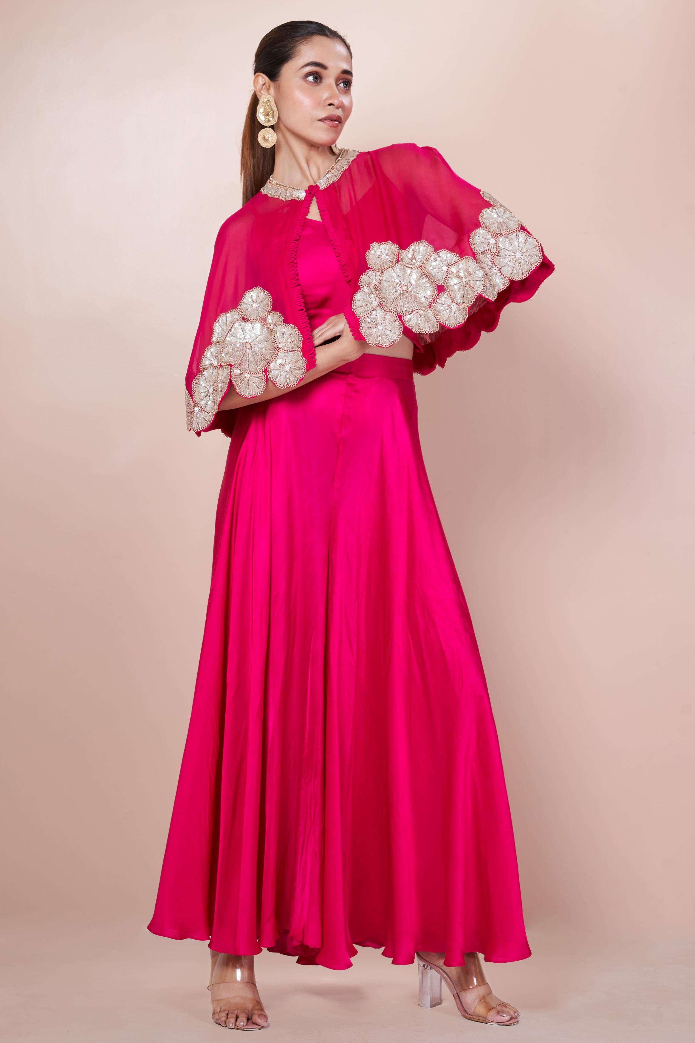 Dark Pink  Embellished Italian Silk Palazzo Set