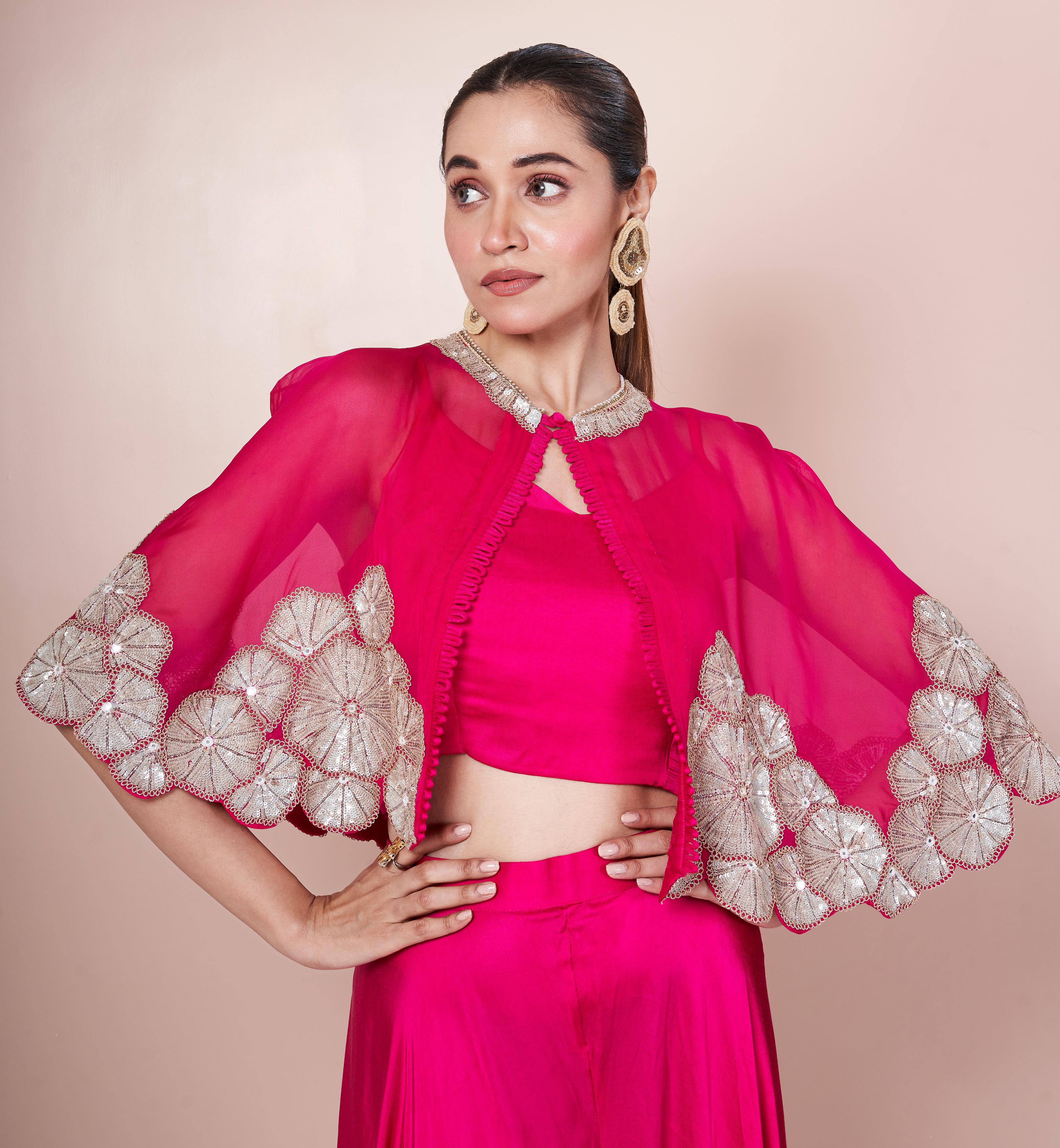Dark Pink  Embellished Italian Silk Palazzo Set