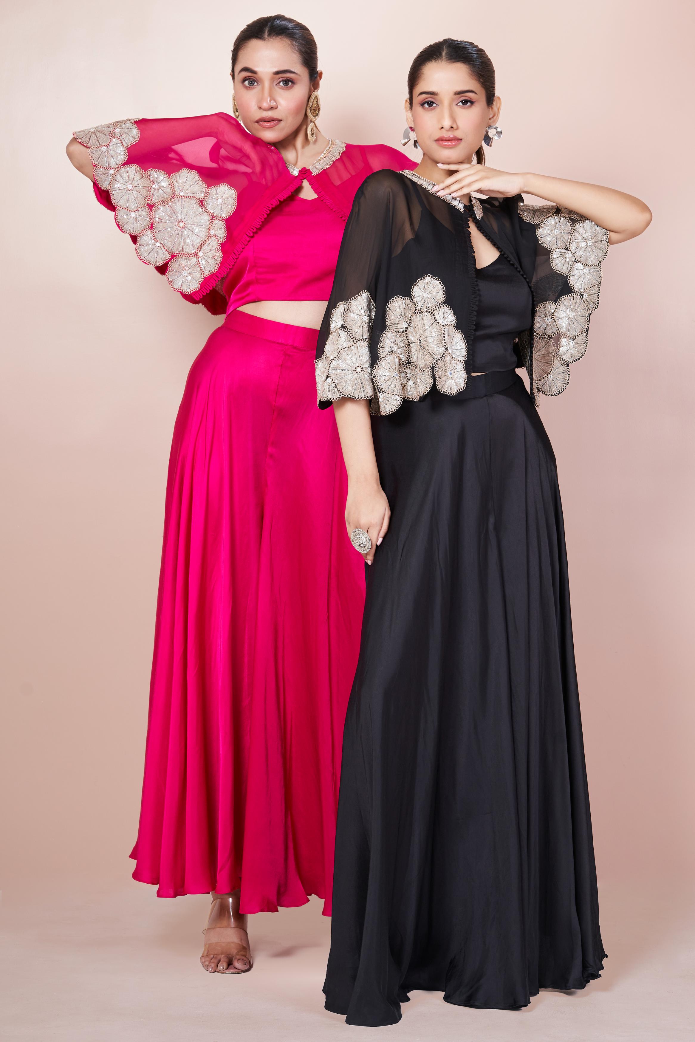 Dark Black Embellished Italian Silk Palazzo Set