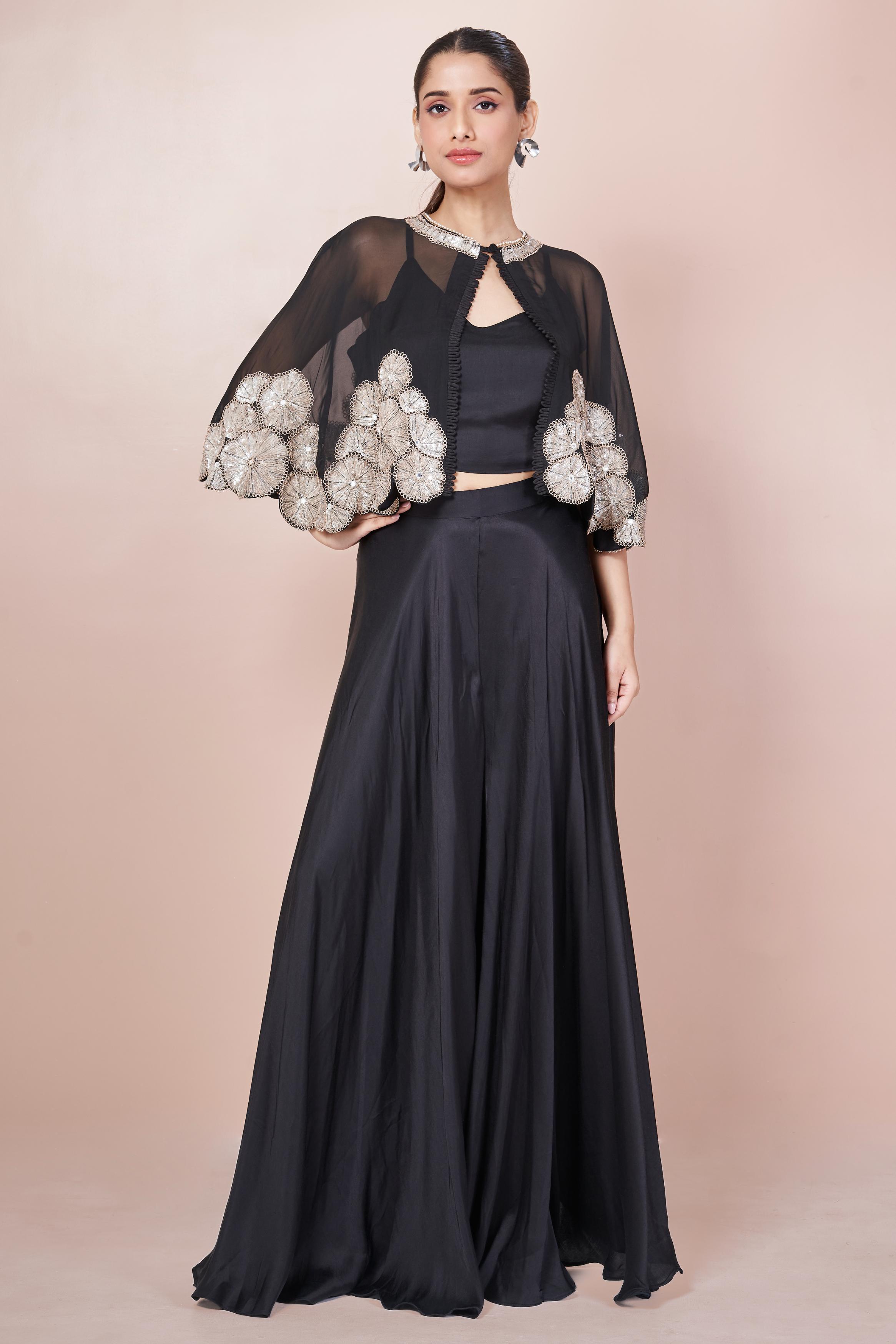 Dark Black Embellished Italian Silk Palazzo Set