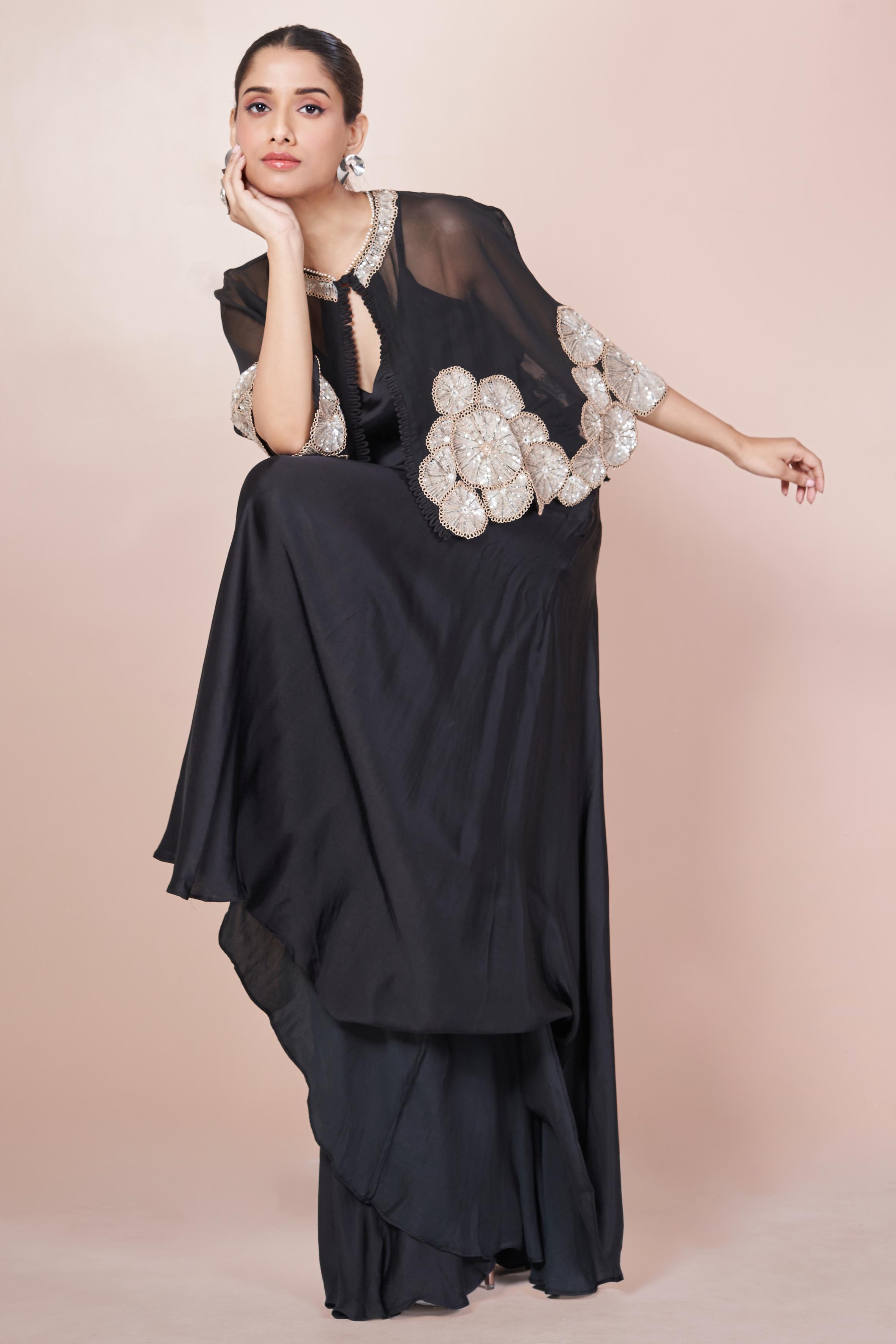 Dark Black Embellished Italian Silk Palazzo Set