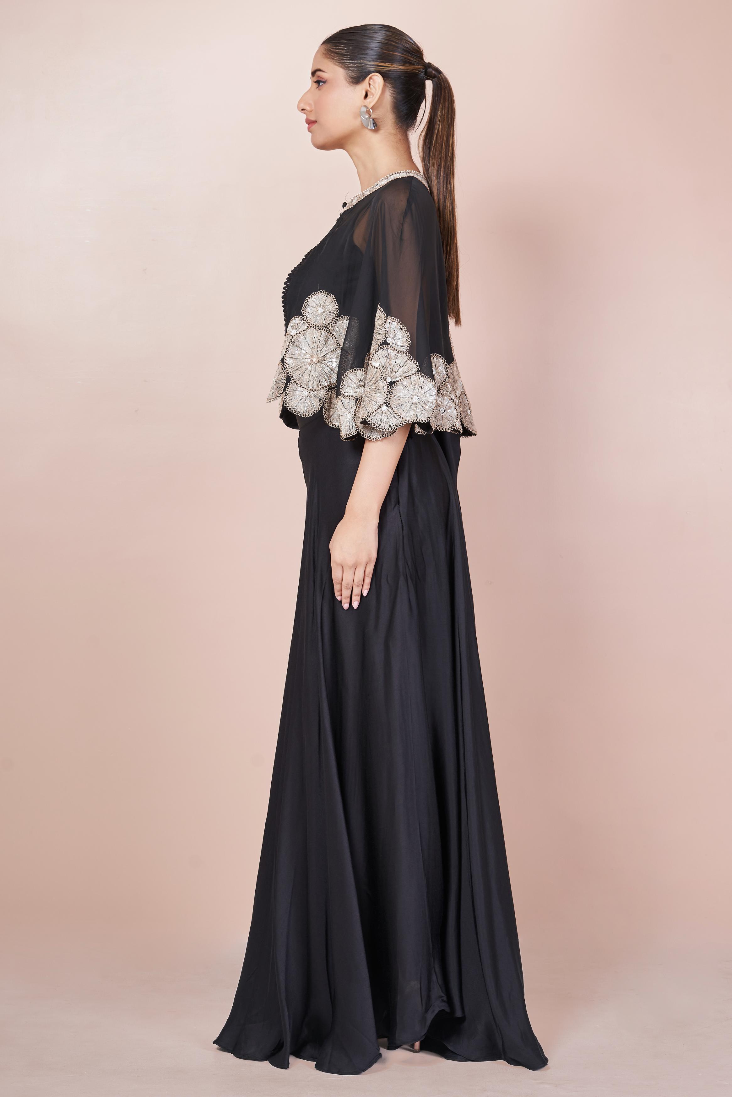 Dark Black Embellished Italian Silk Palazzo Set