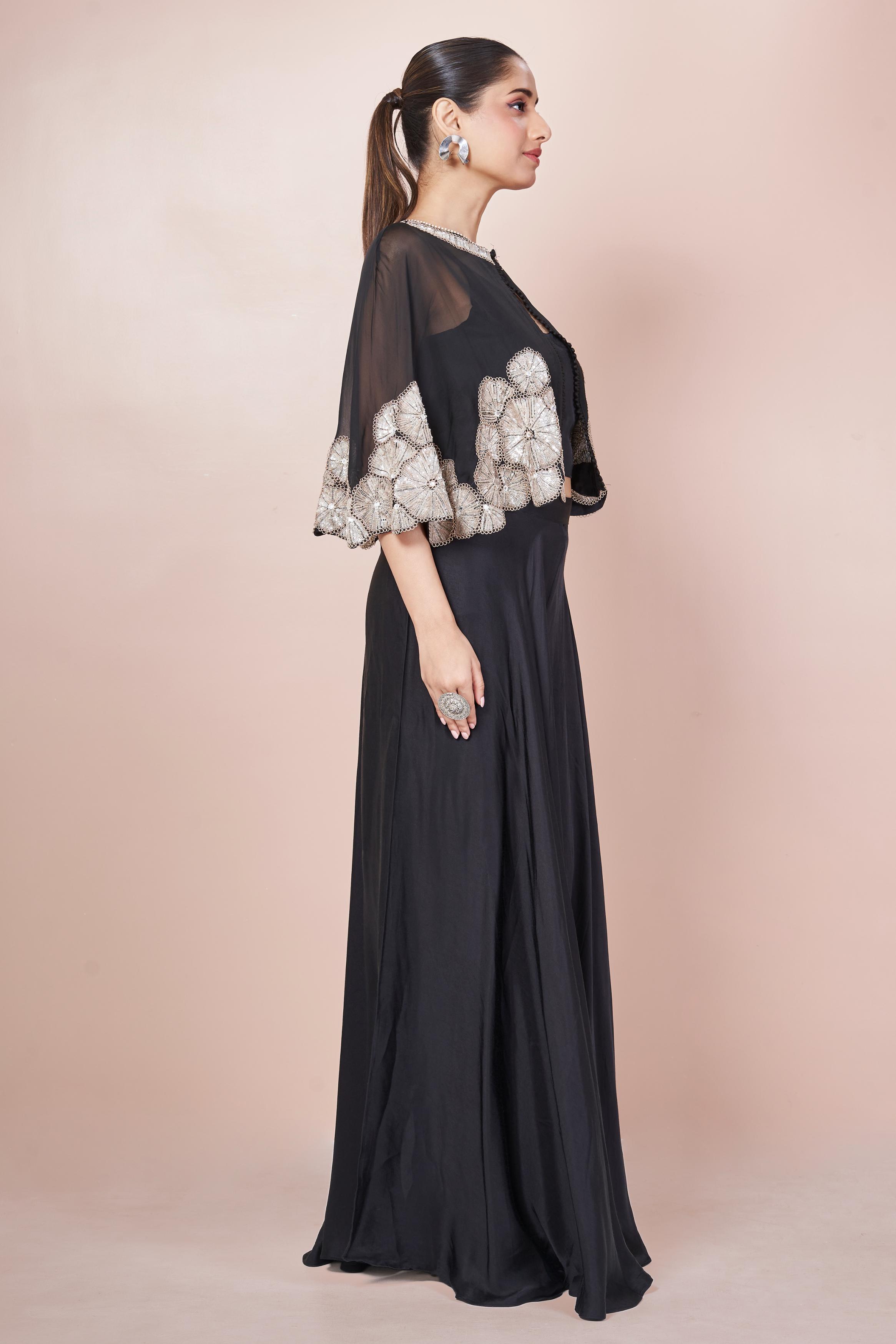 Dark Black Embellished Italian Silk Palazzo Set