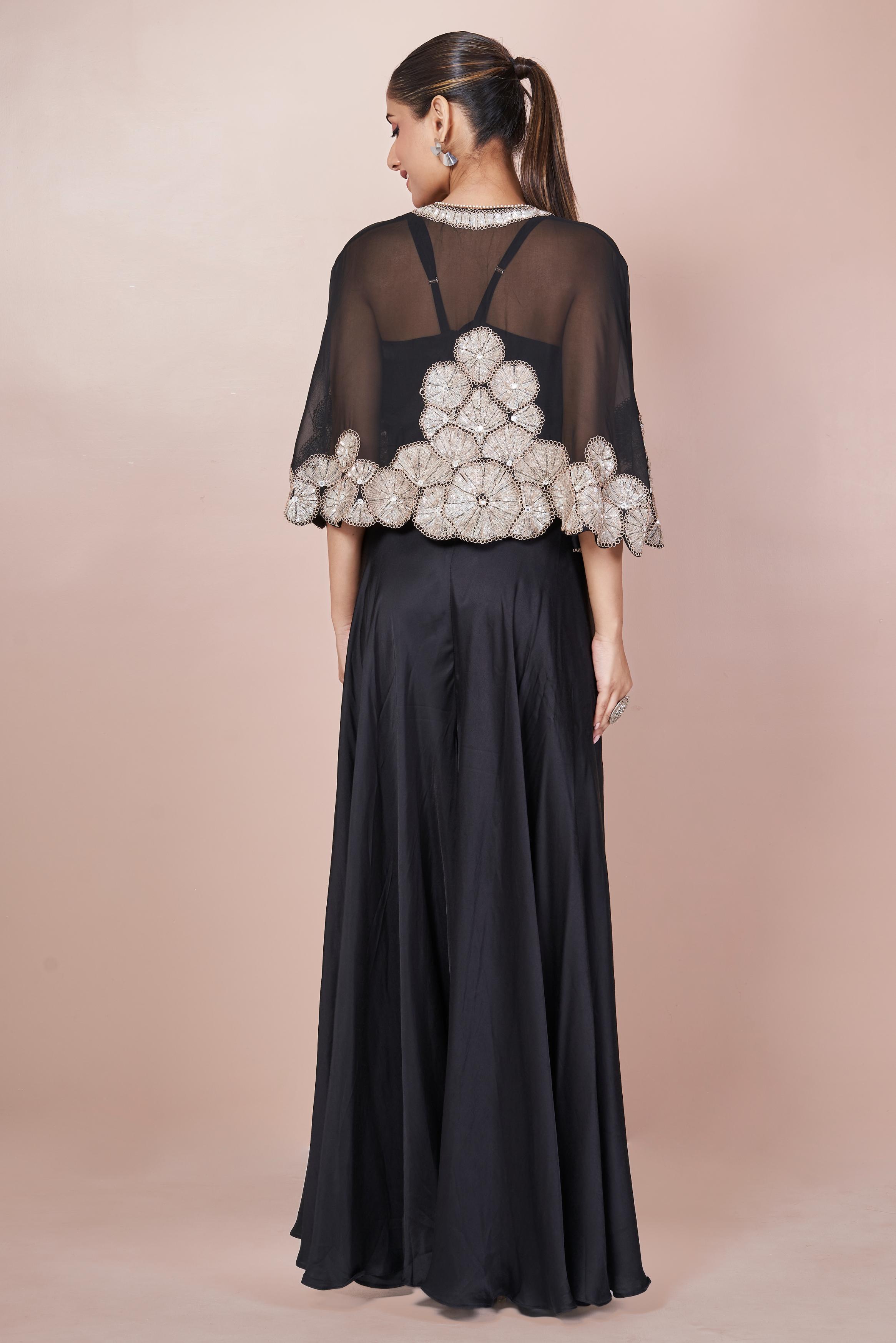 Dark Black Embellished Italian Silk Palazzo Set