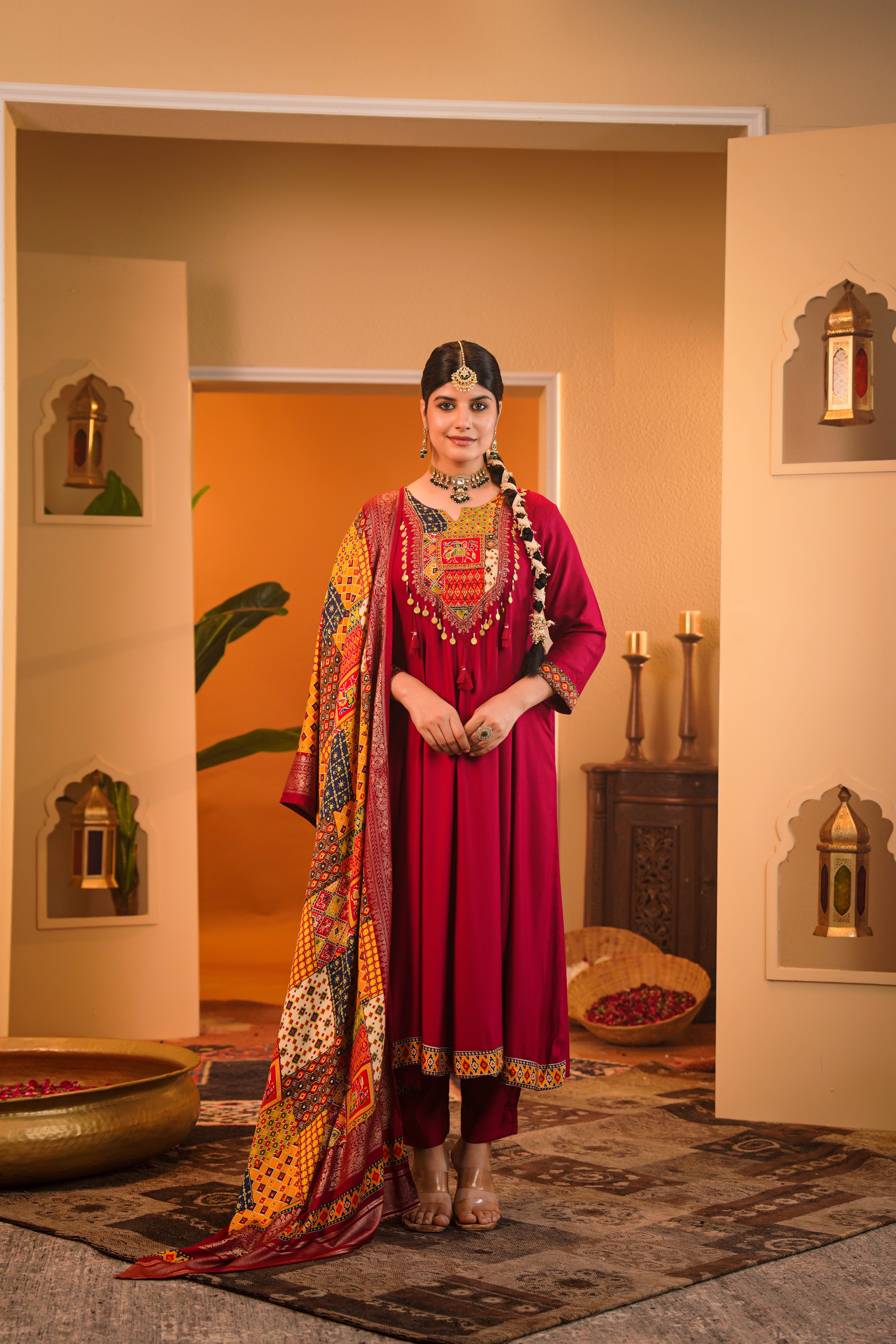 Regal Maroon Embellished Crepe Silk Anarkali Set
