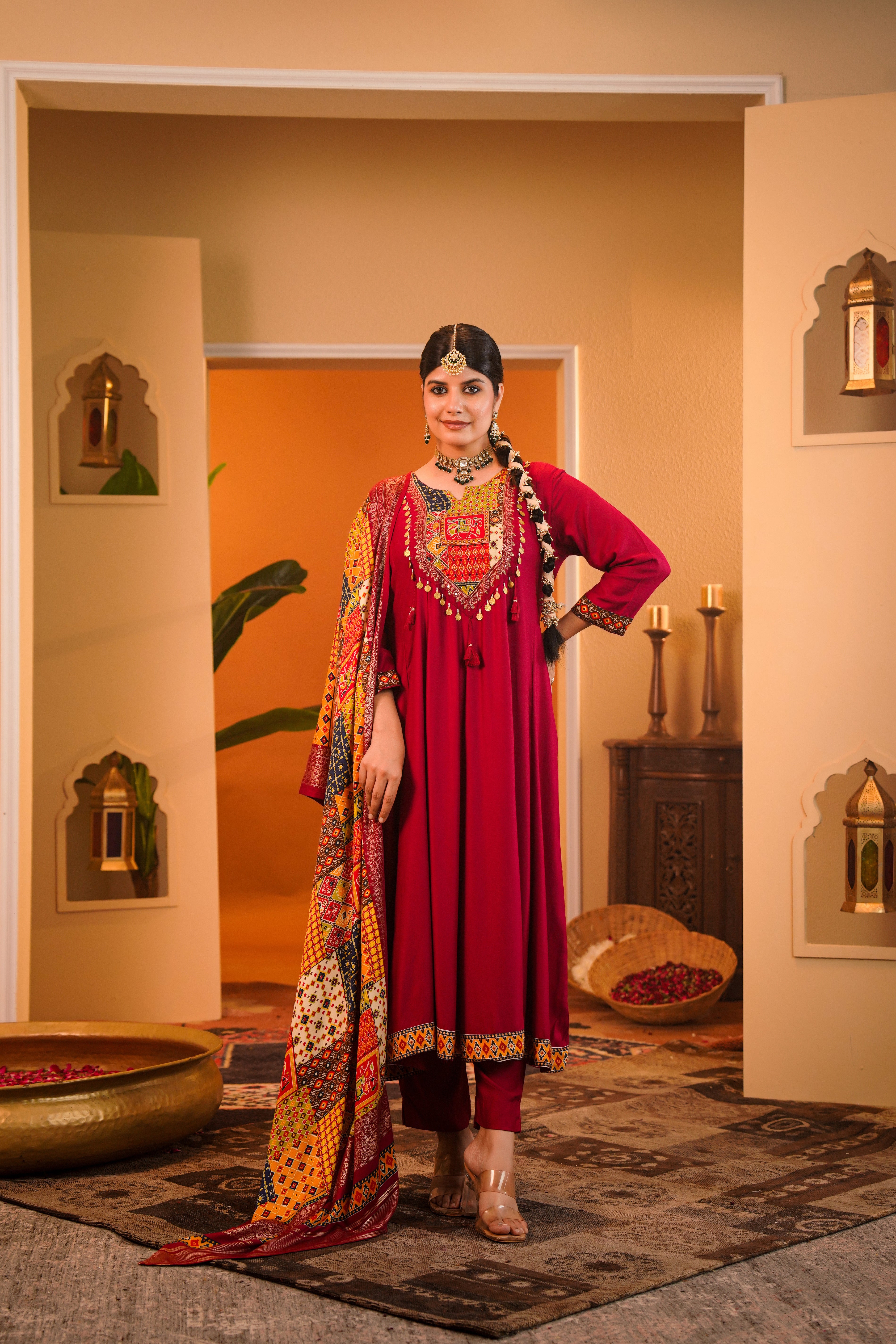 Regal Maroon Embellished Crepe Silk Anarkali Set