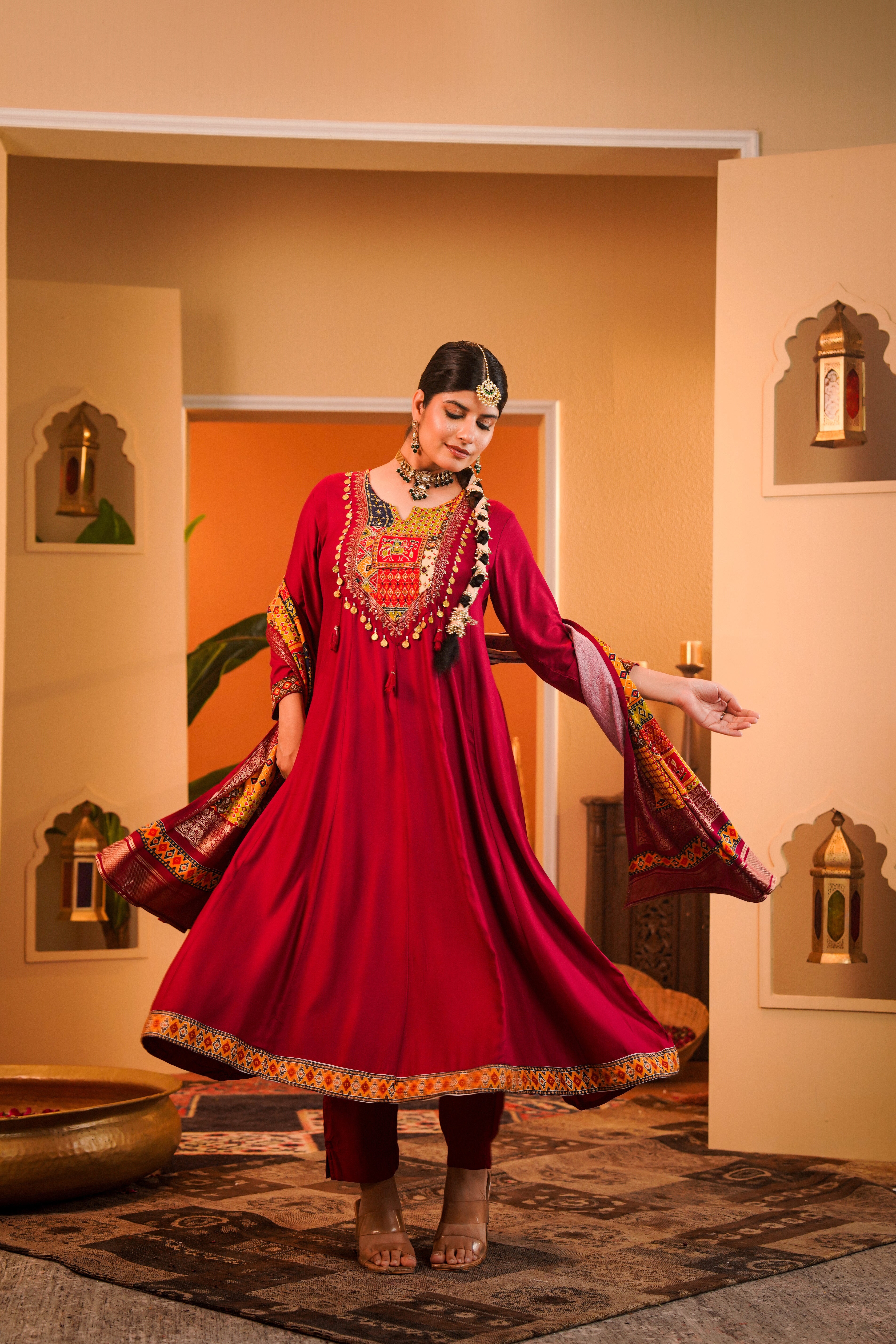 Regal Maroon Embellished Crepe Silk Anarkali Set