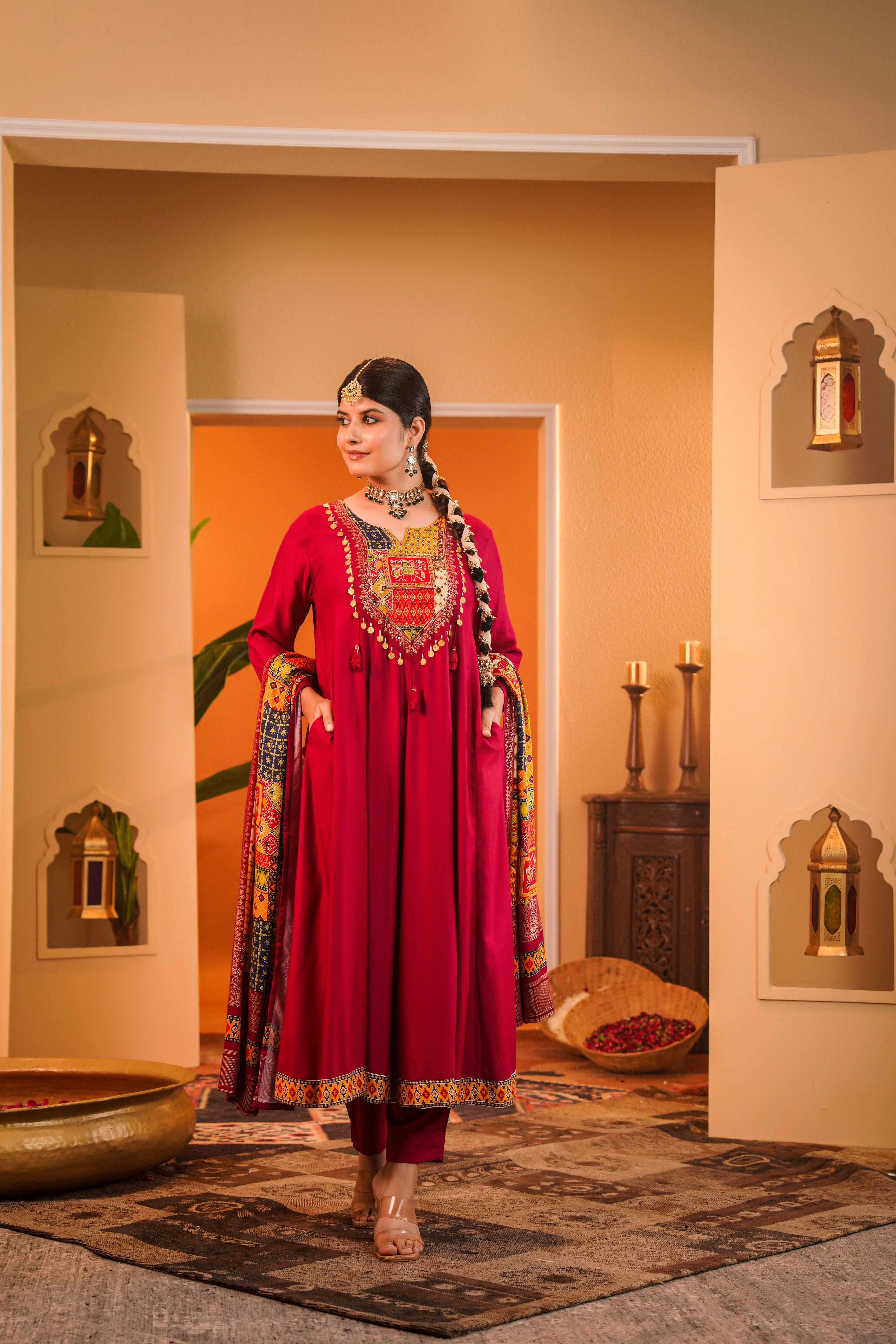 Regal Maroon Embellished Crepe Silk Anarkali Set