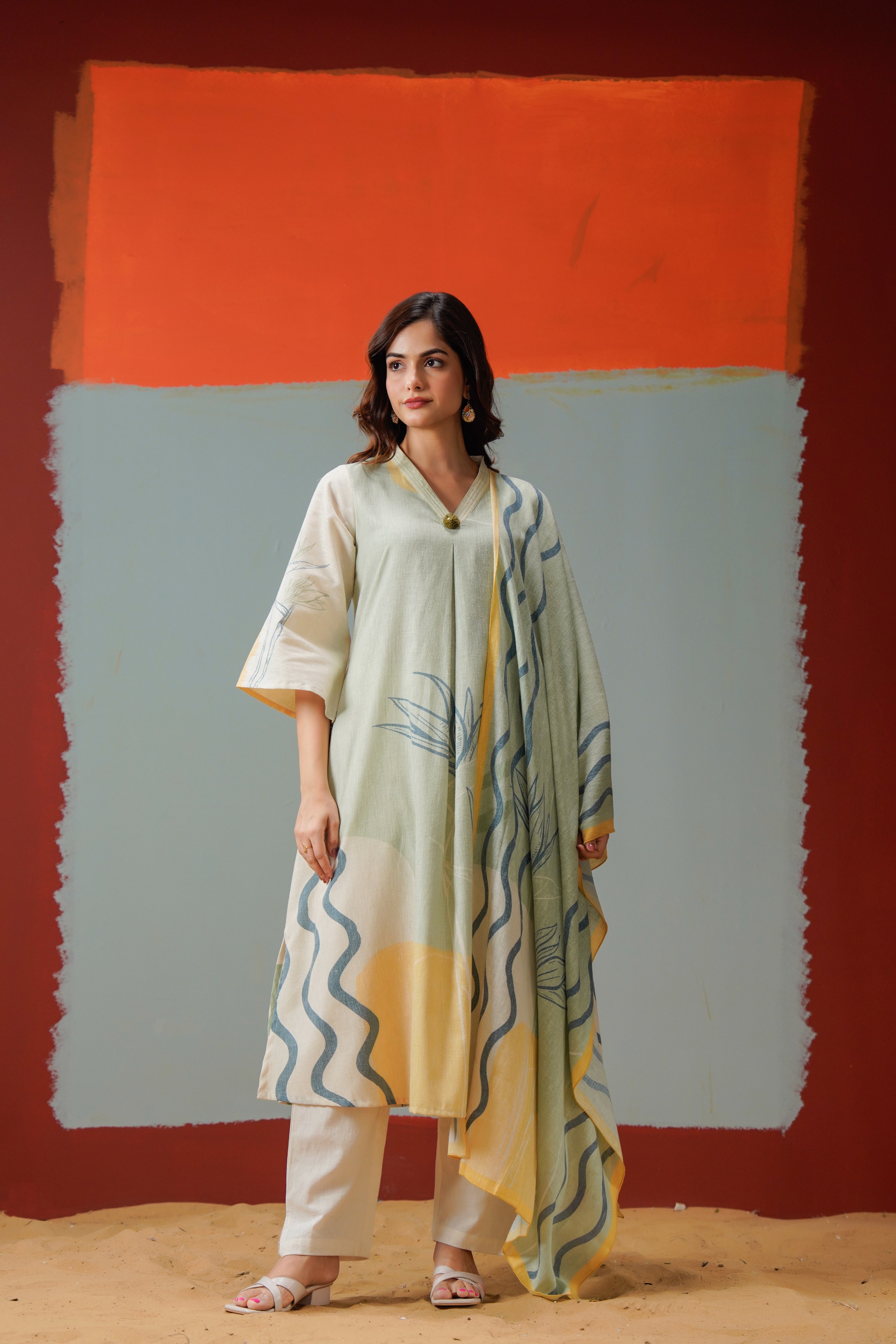 Sage Abstract Printed Linen Pant Set
