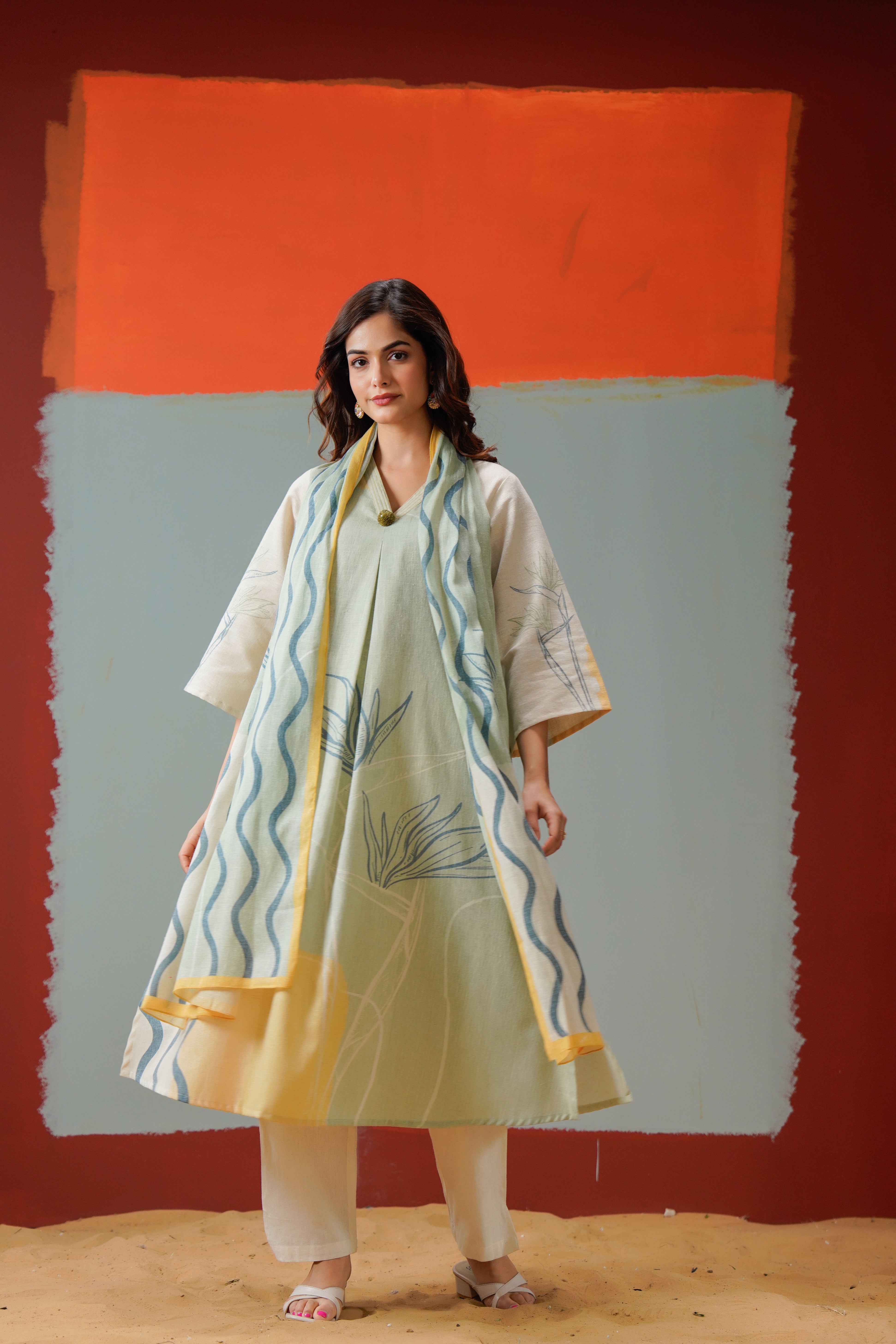 Sage Abstract Printed Linen Pant Set