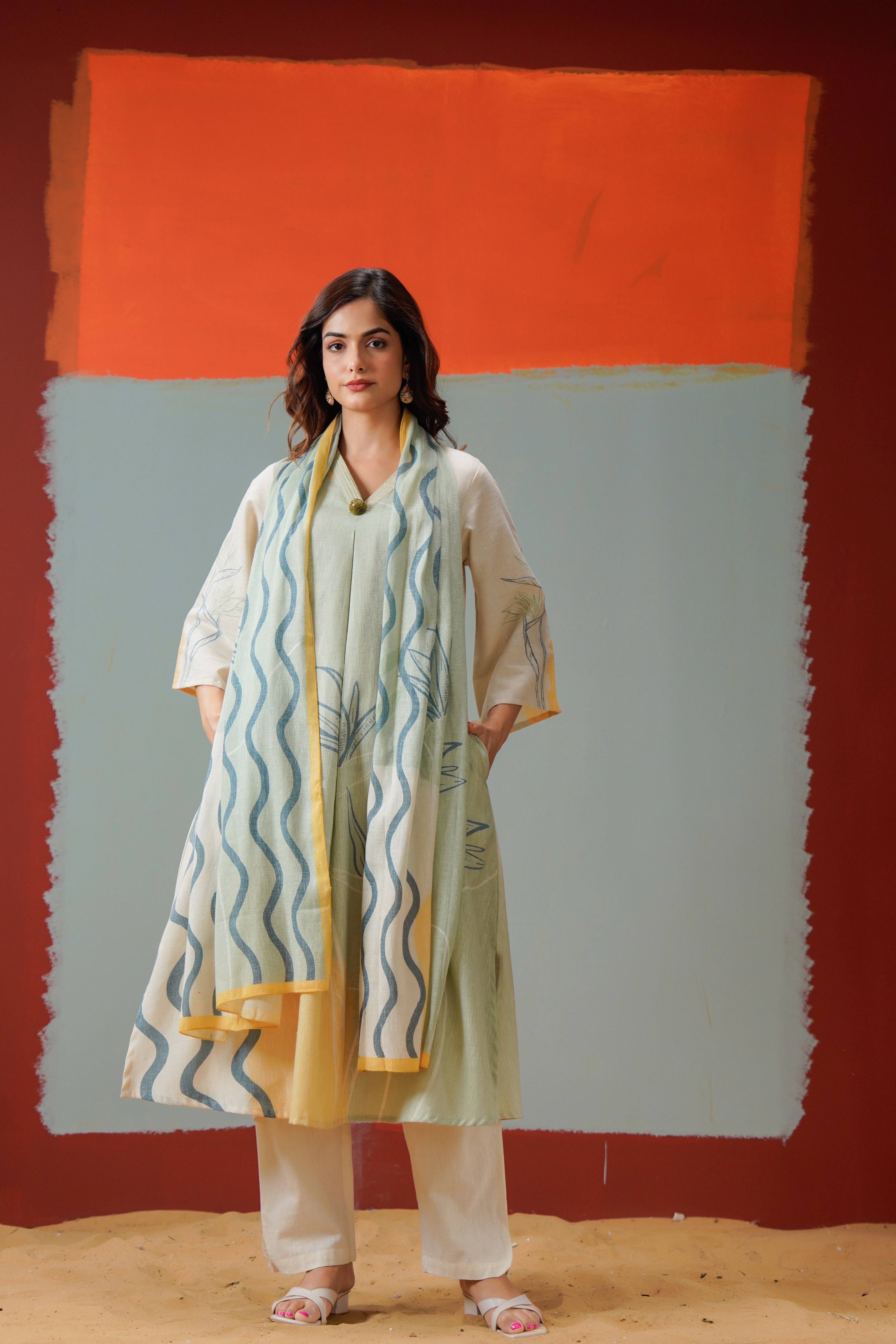 Sage Abstract Printed Linen Pant Set
