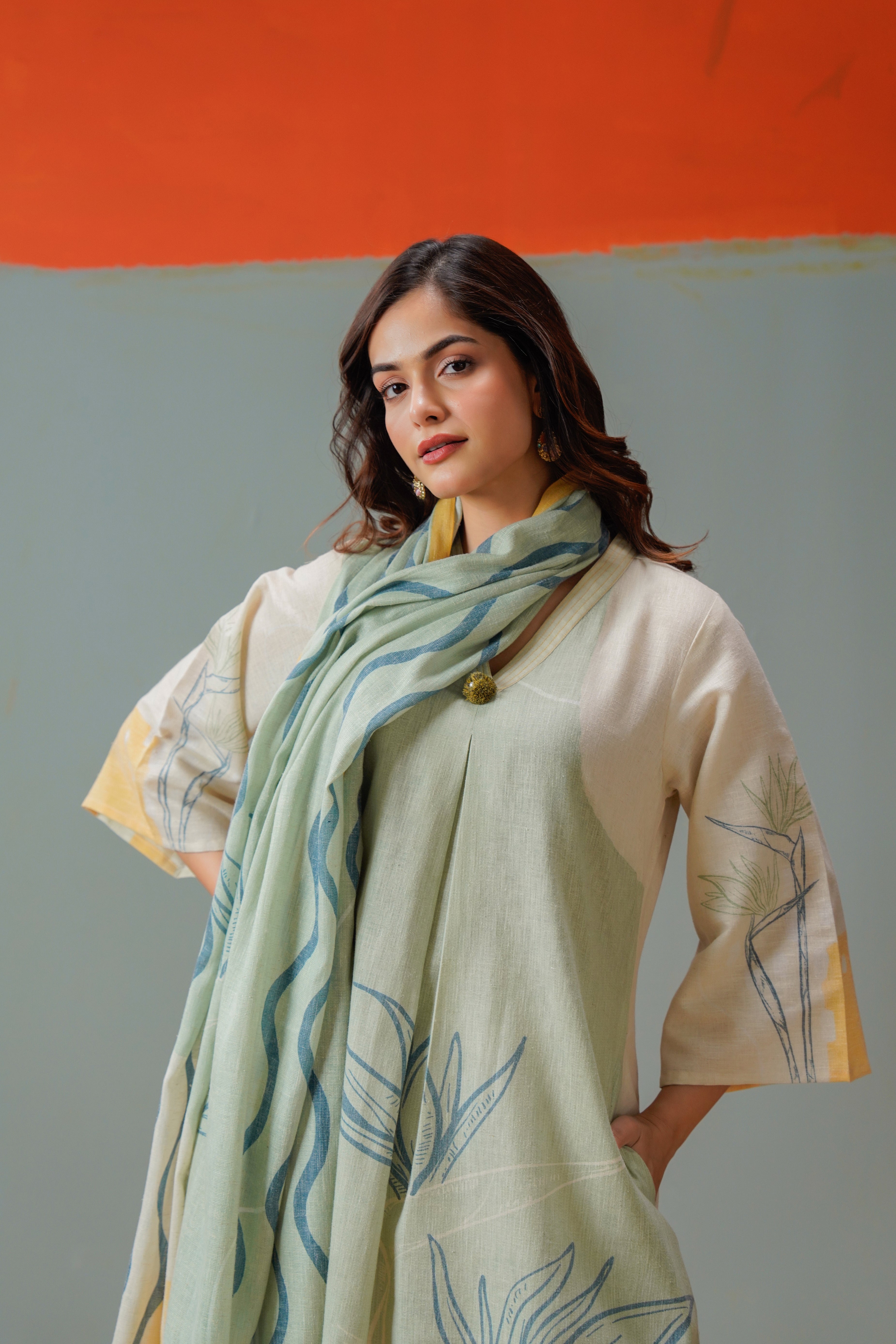 Sage Abstract Printed Linen Pant Set