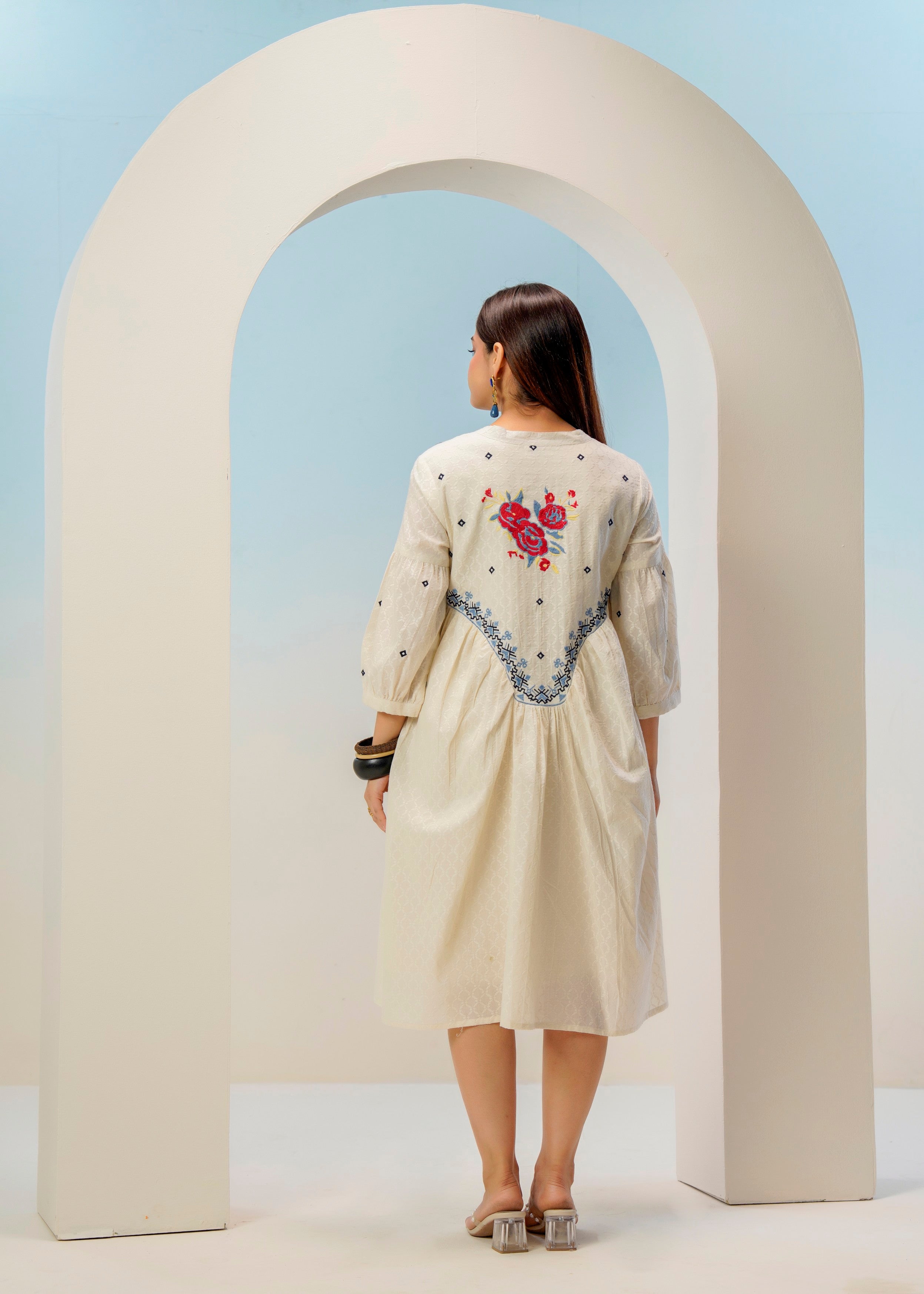 Off-White Floral Embroidered Cotton Dress