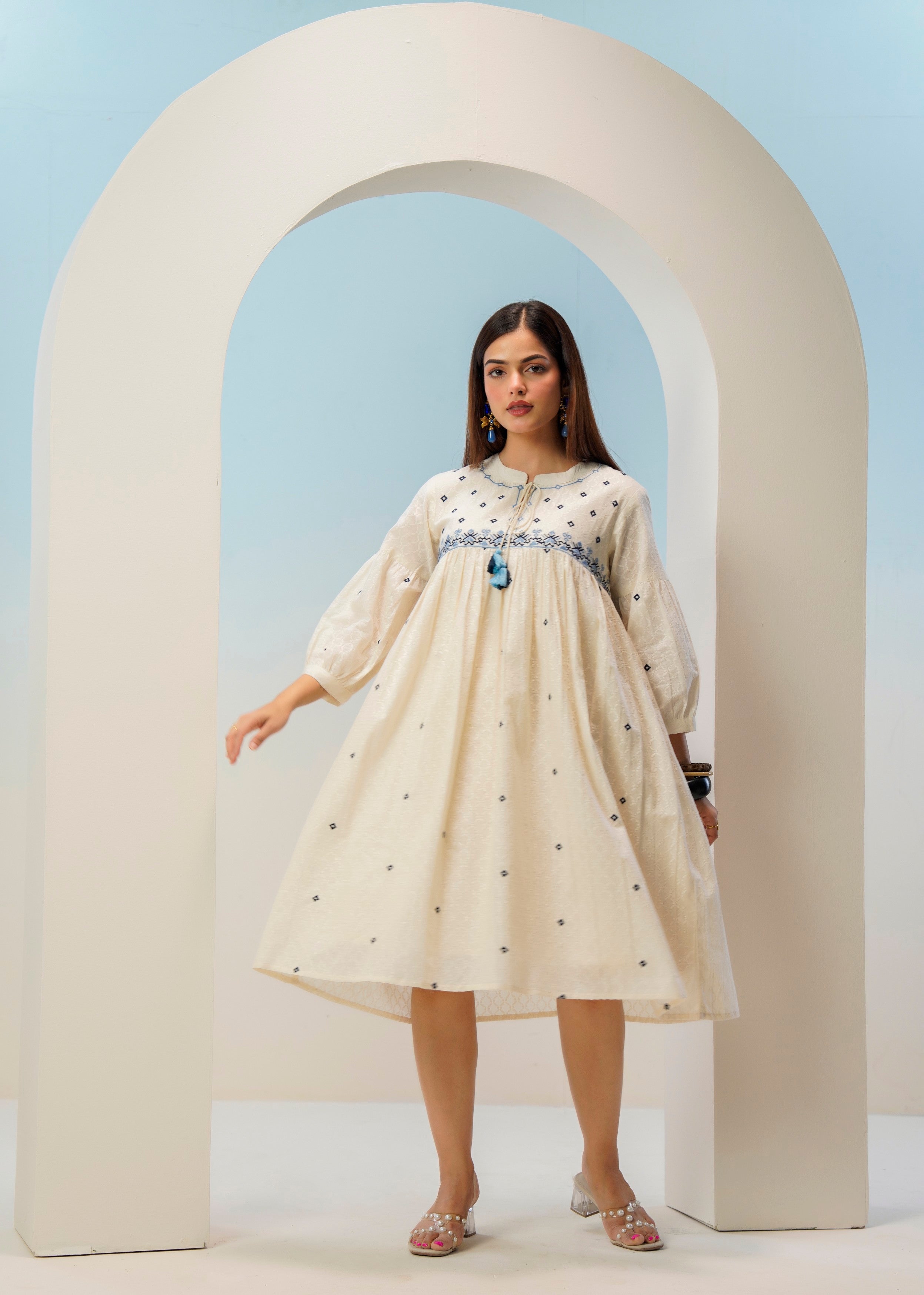 Off-White Floral Embroidered Cotton Dress
