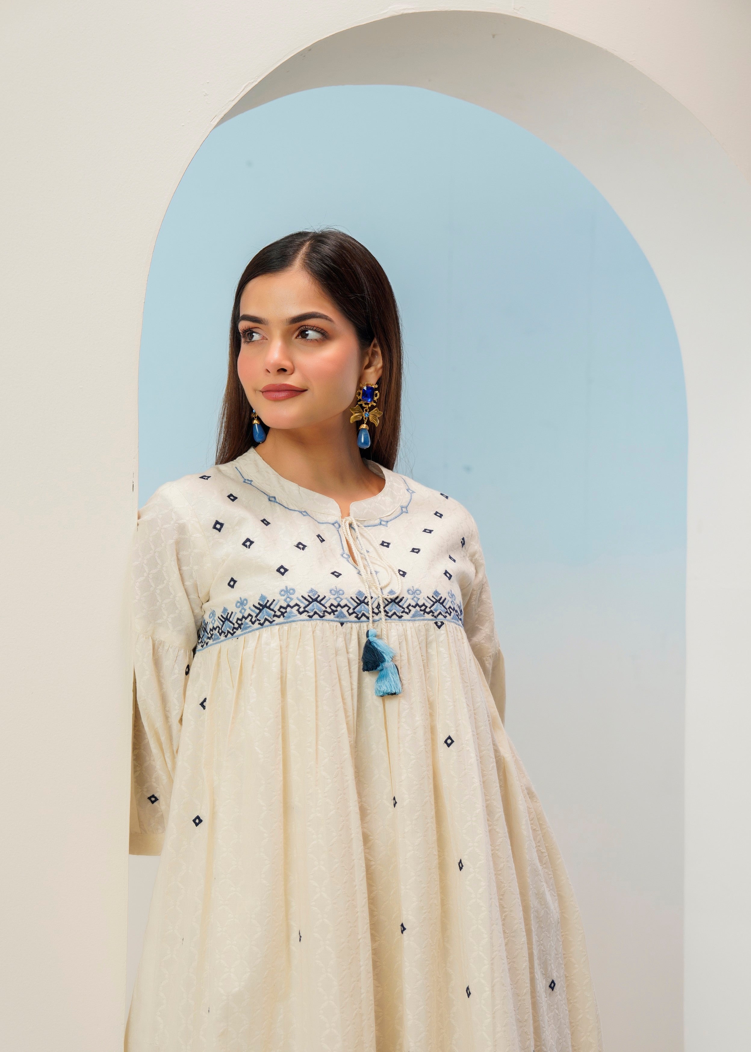 Off-White Floral Embroidered Cotton Dress