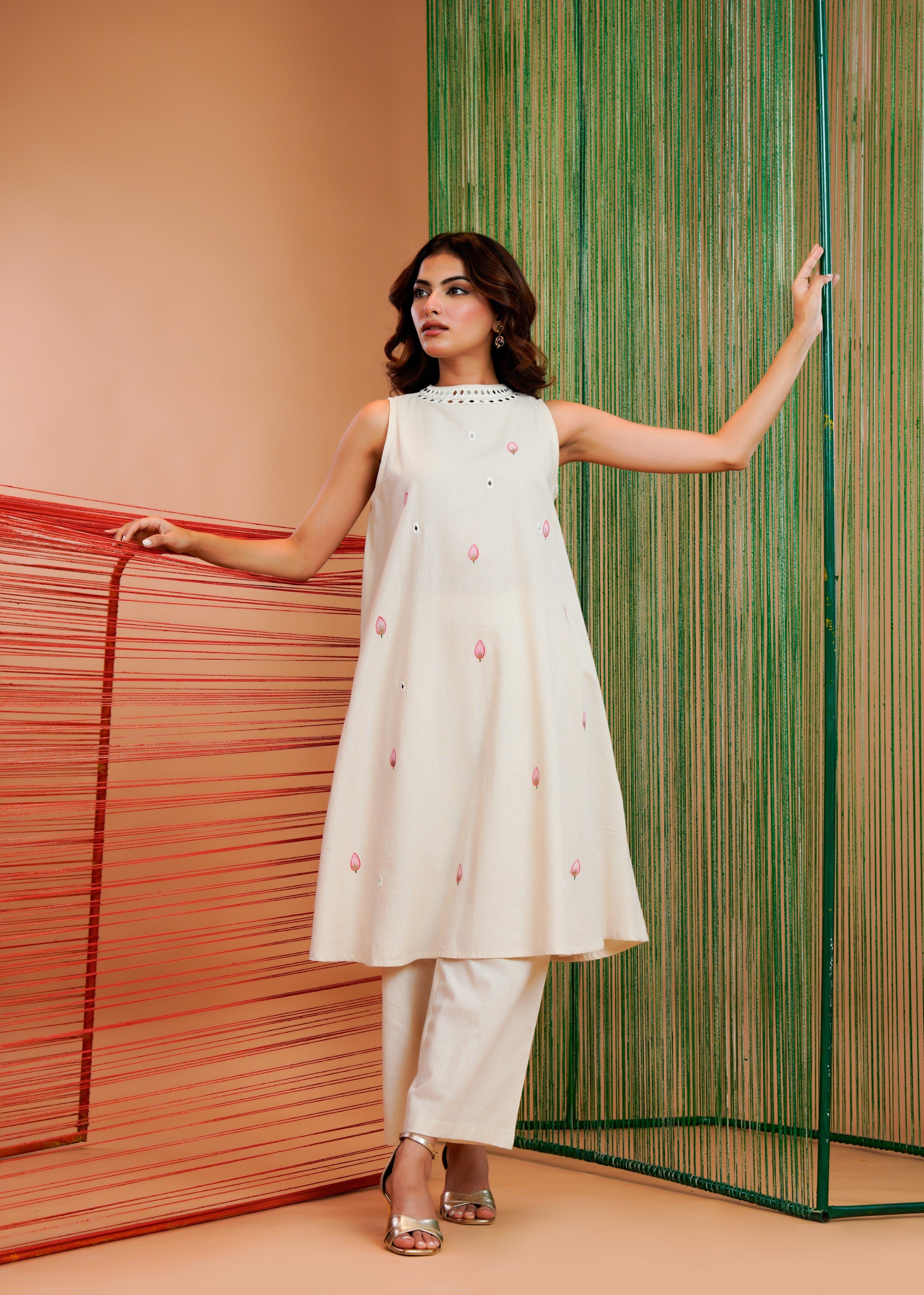 Off-White Mirror Work Linen Kurta Set