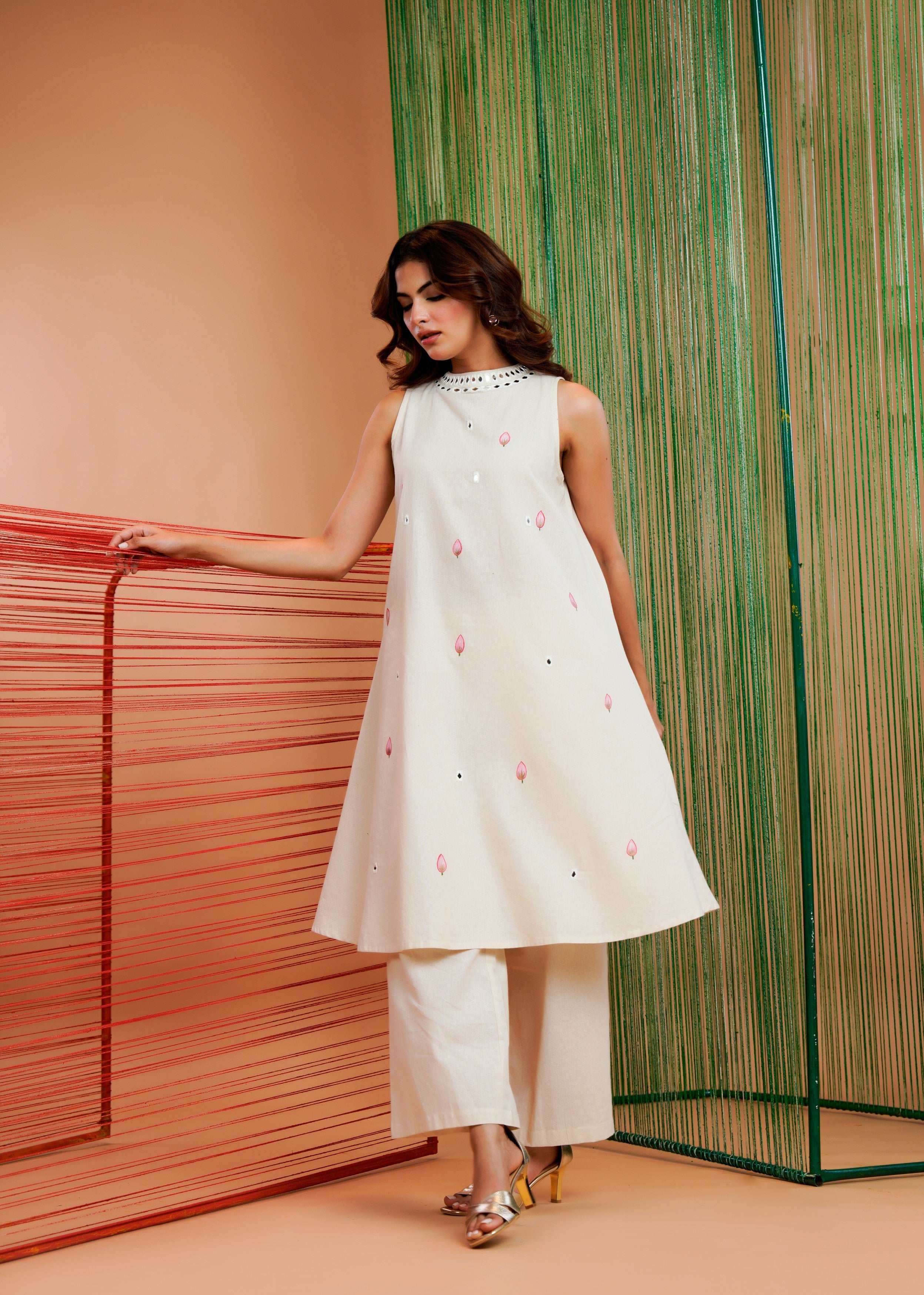 Off-White Mirror Work Linen Kurta Set