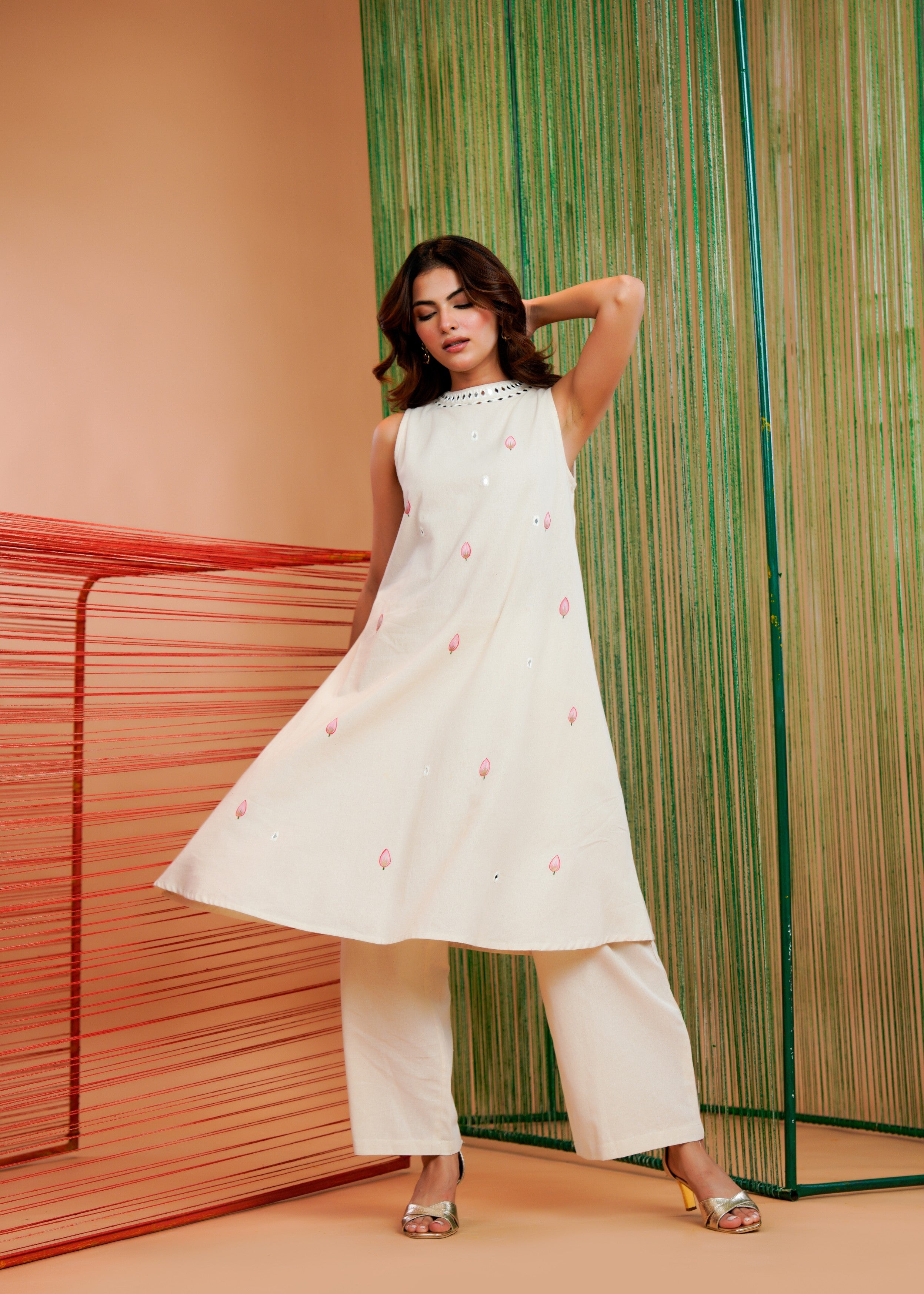 Off-White Mirror Work Linen Kurta Set