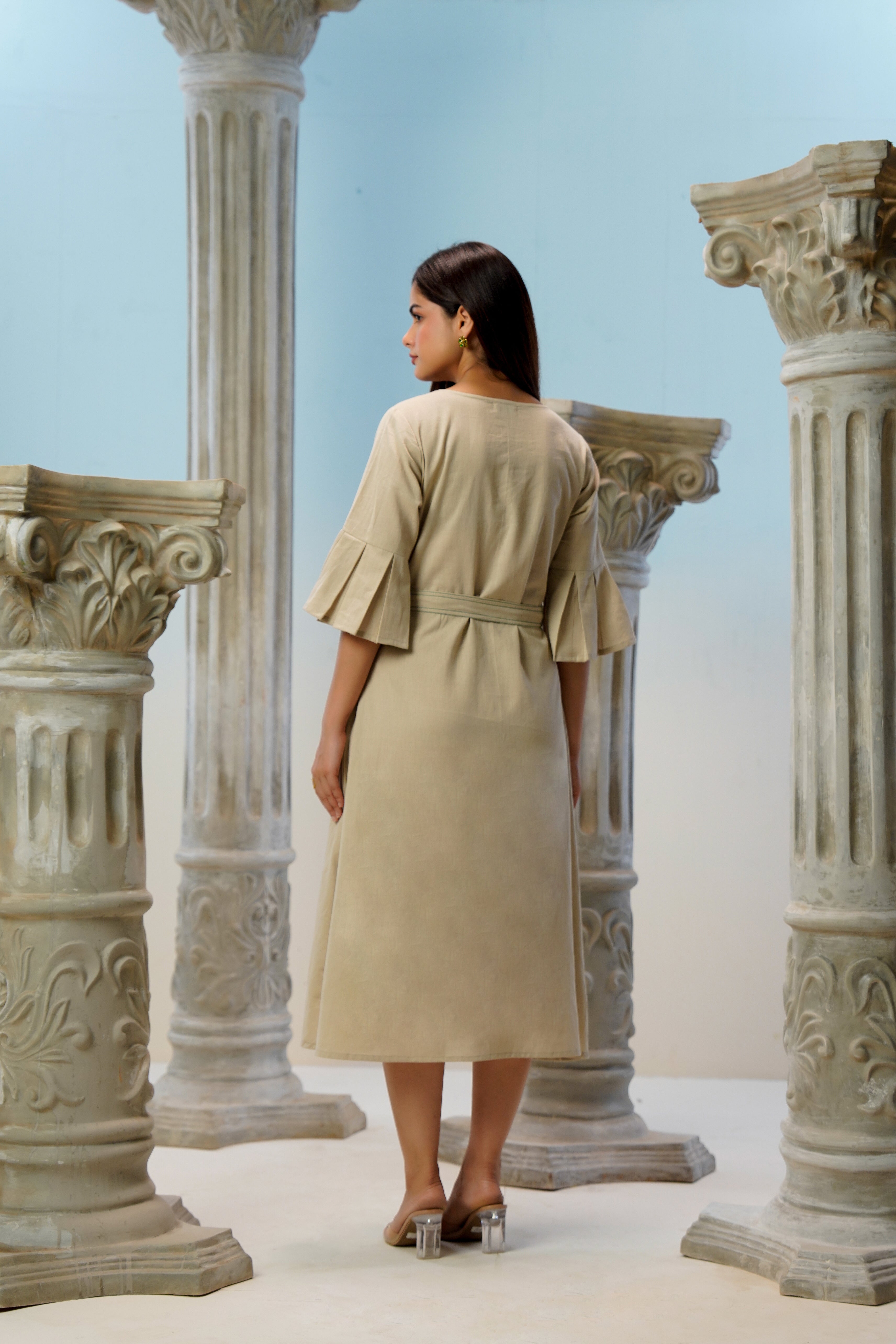 Beige Hand-Painted Pure Cotton Midi Dress