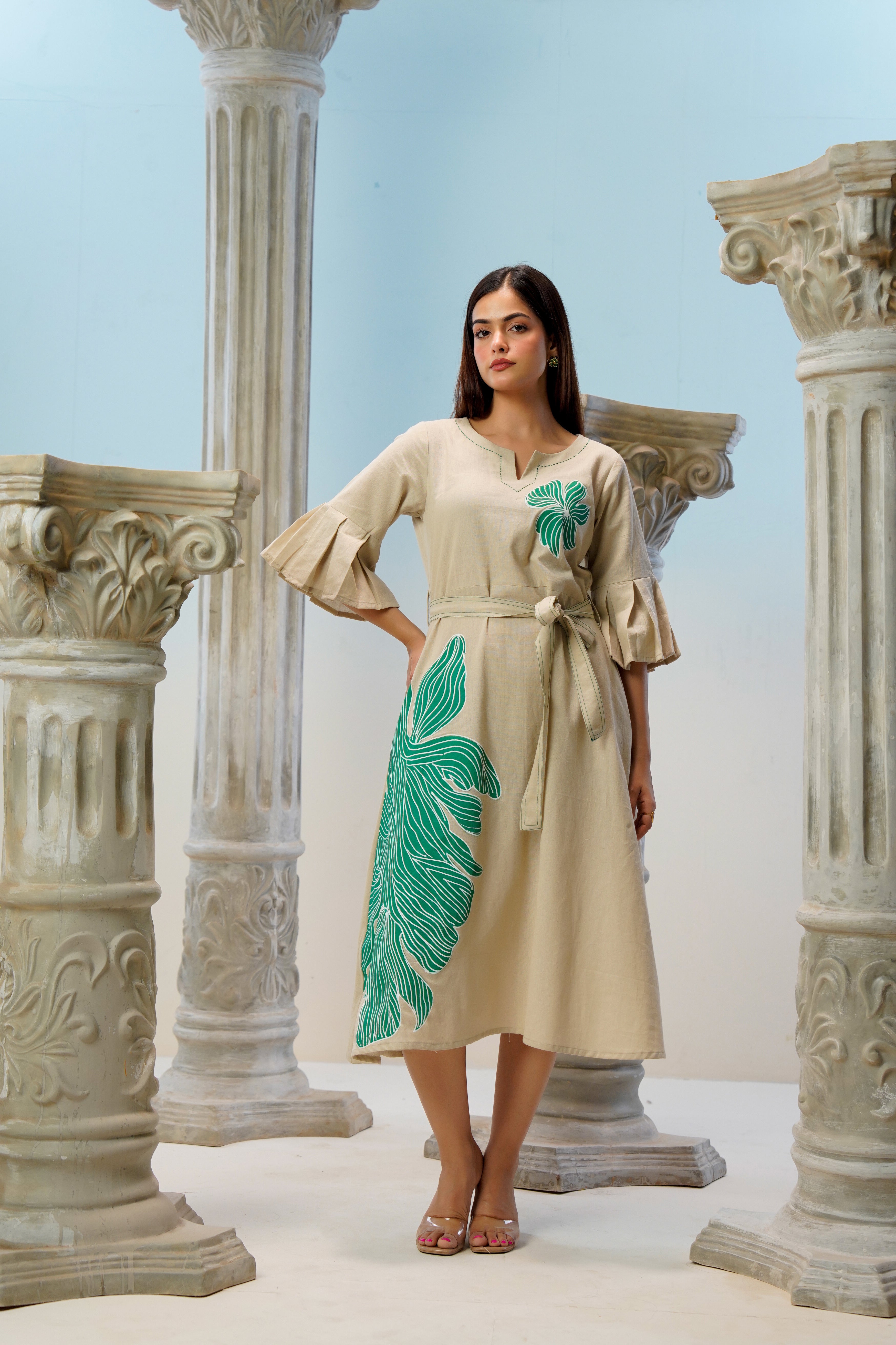 Beige Hand-Painted Pure Cotton Midi Dress