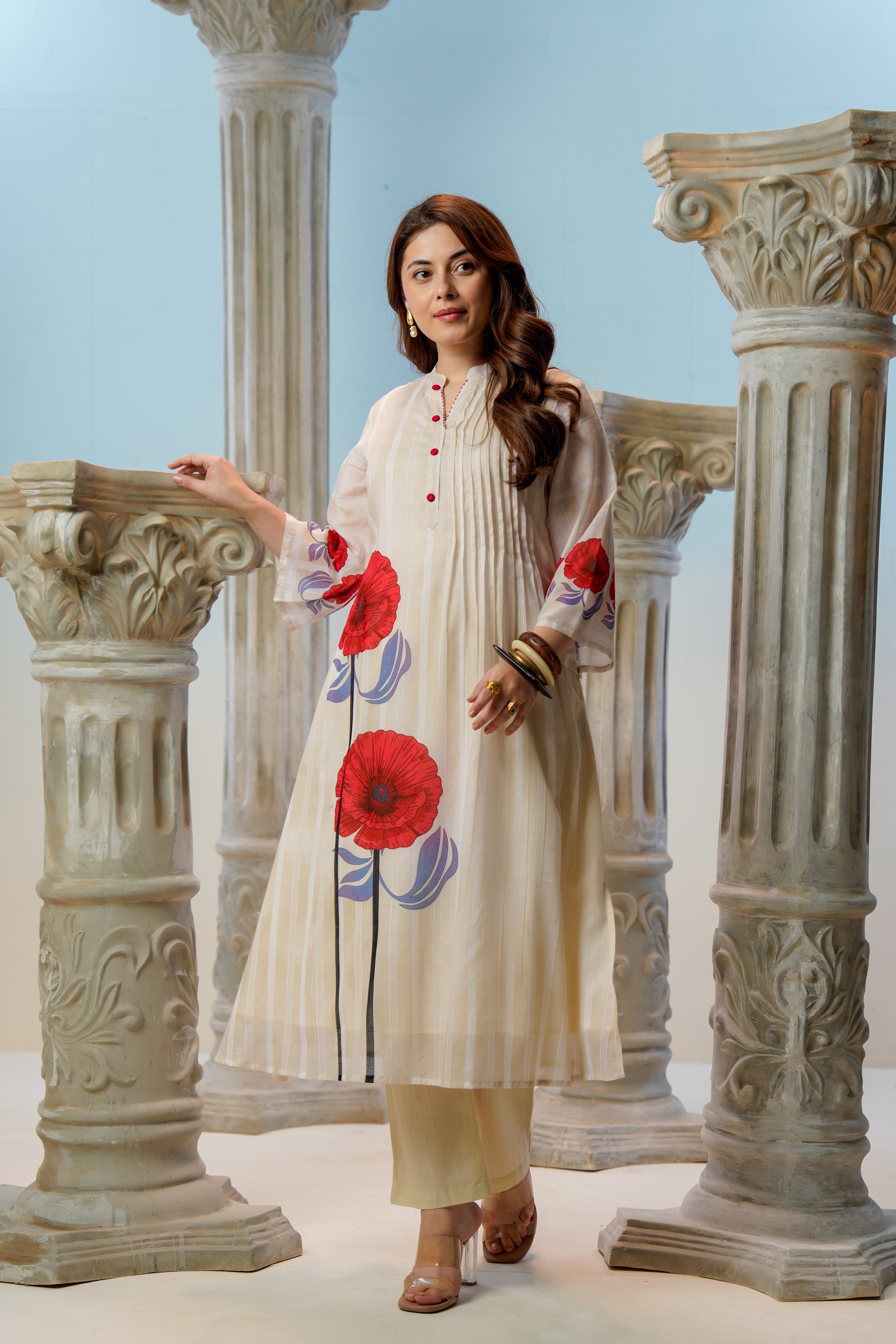Cream Poppy Printed Cotton Kurta Set