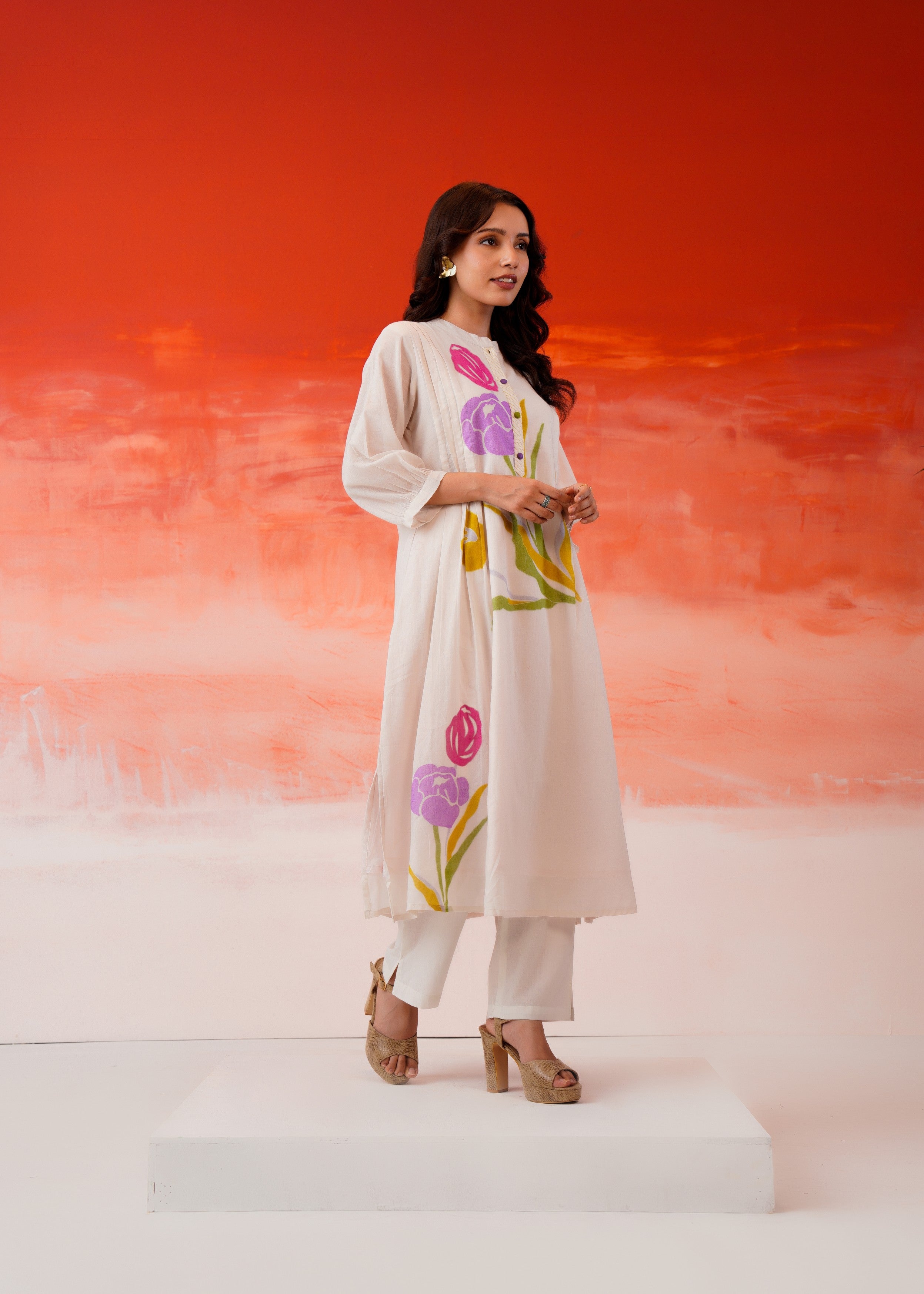 Off-White Tulip Printed Mul Cotton Kurta Set