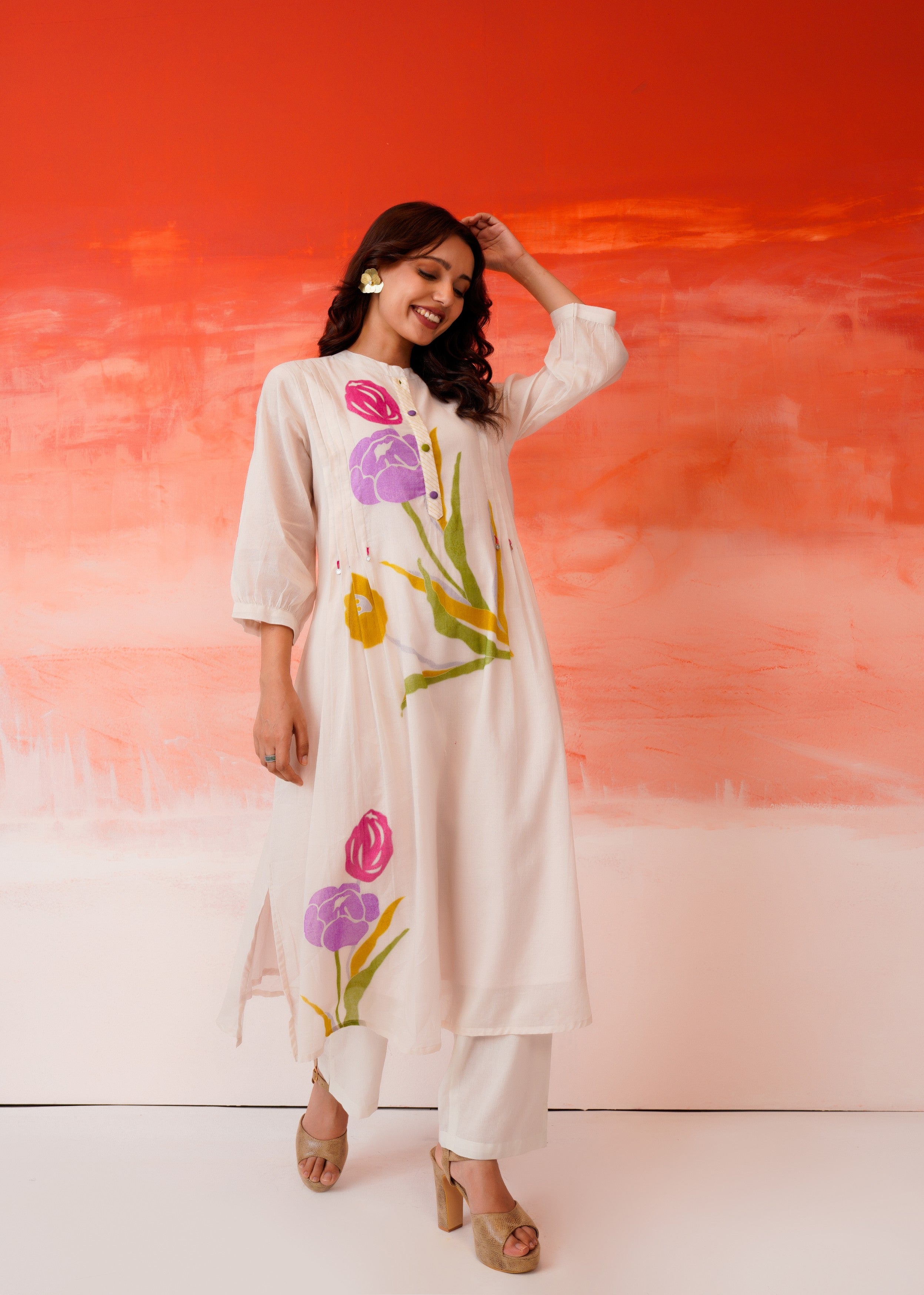 Off-White Tulip Printed Mul Cotton Kurta Set