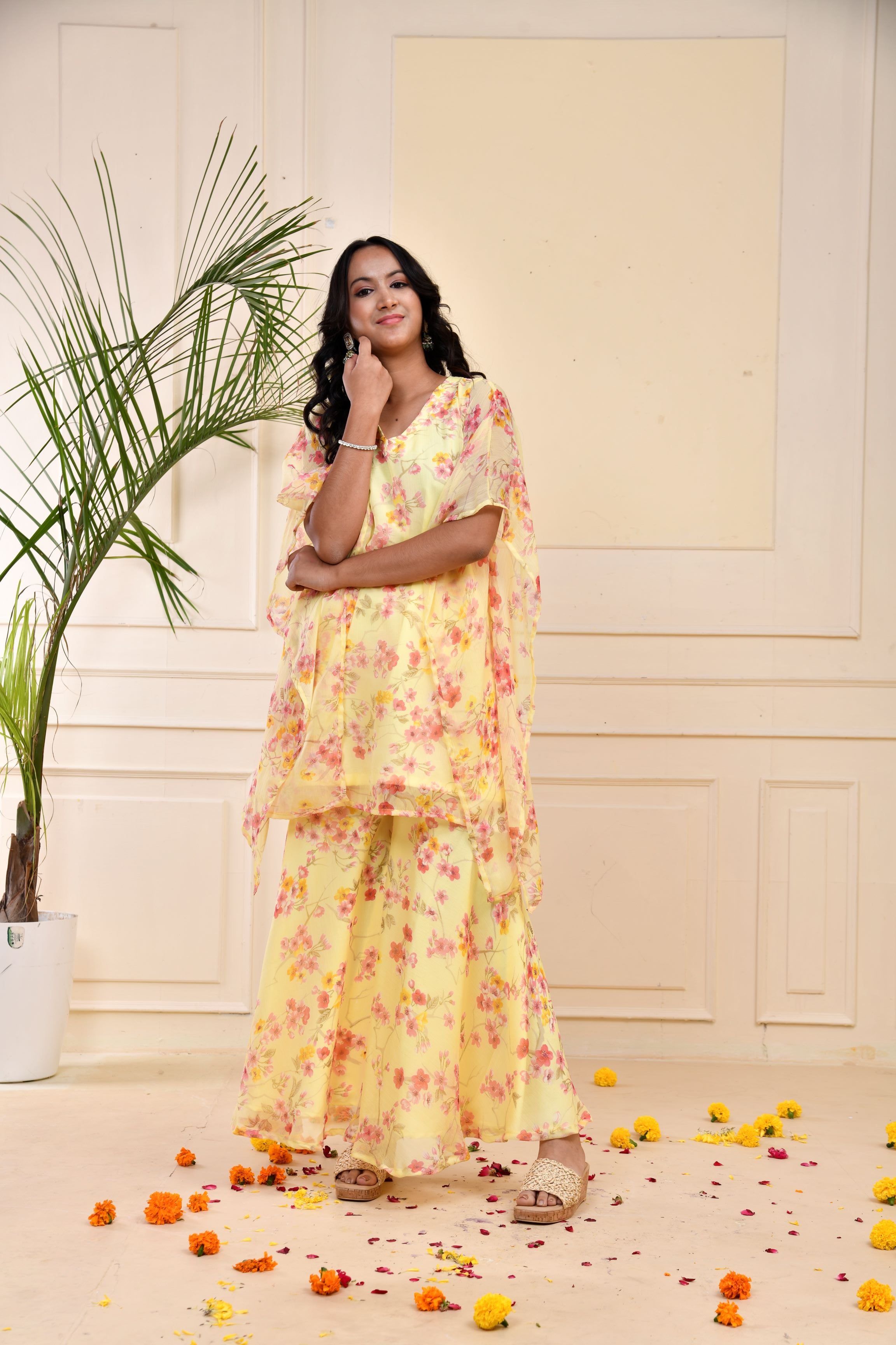 Yellow Floral Printed Premium Silk Kaftan Set