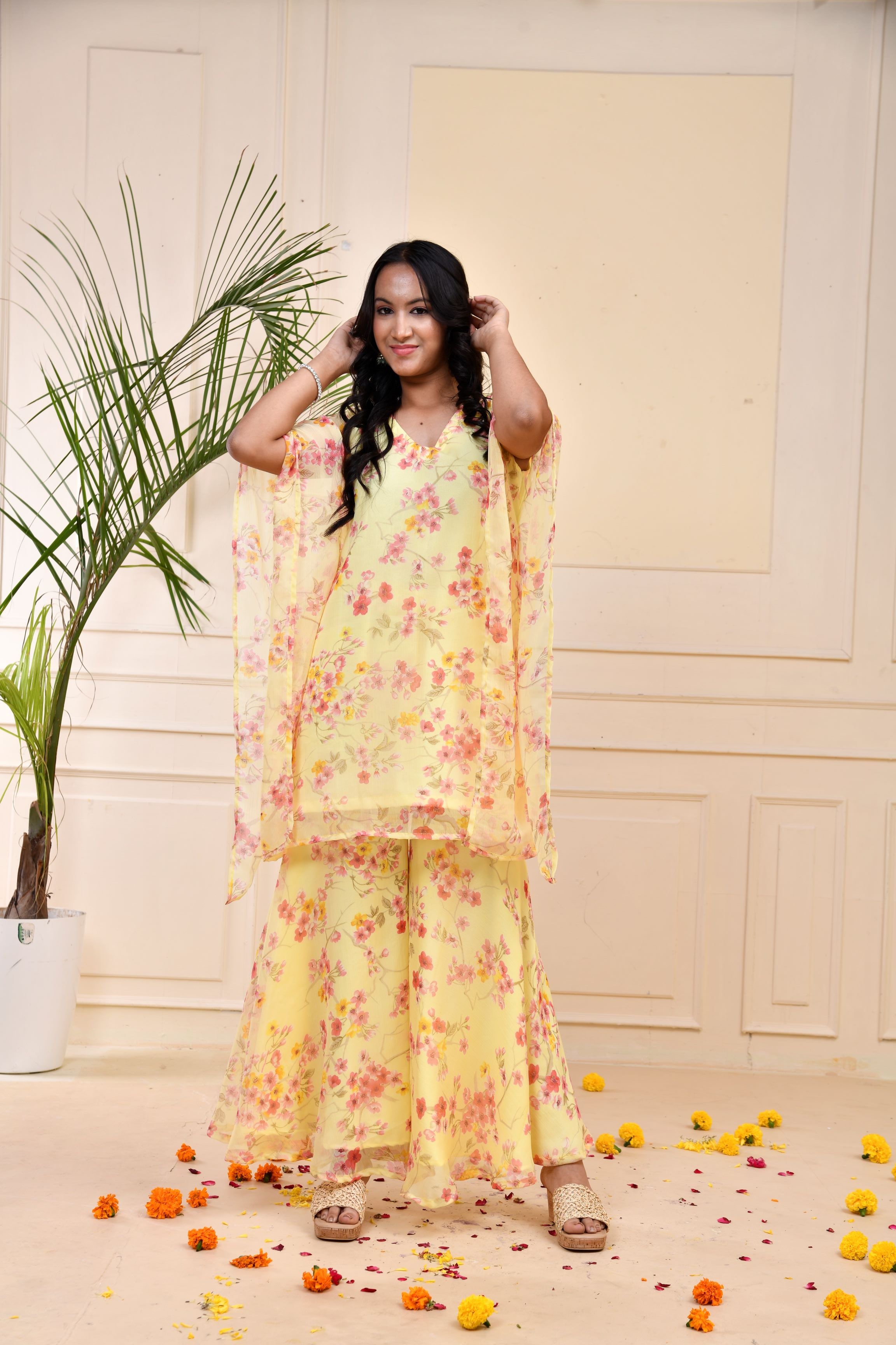 Yellow Floral Printed Premium Silk Kaftan Set