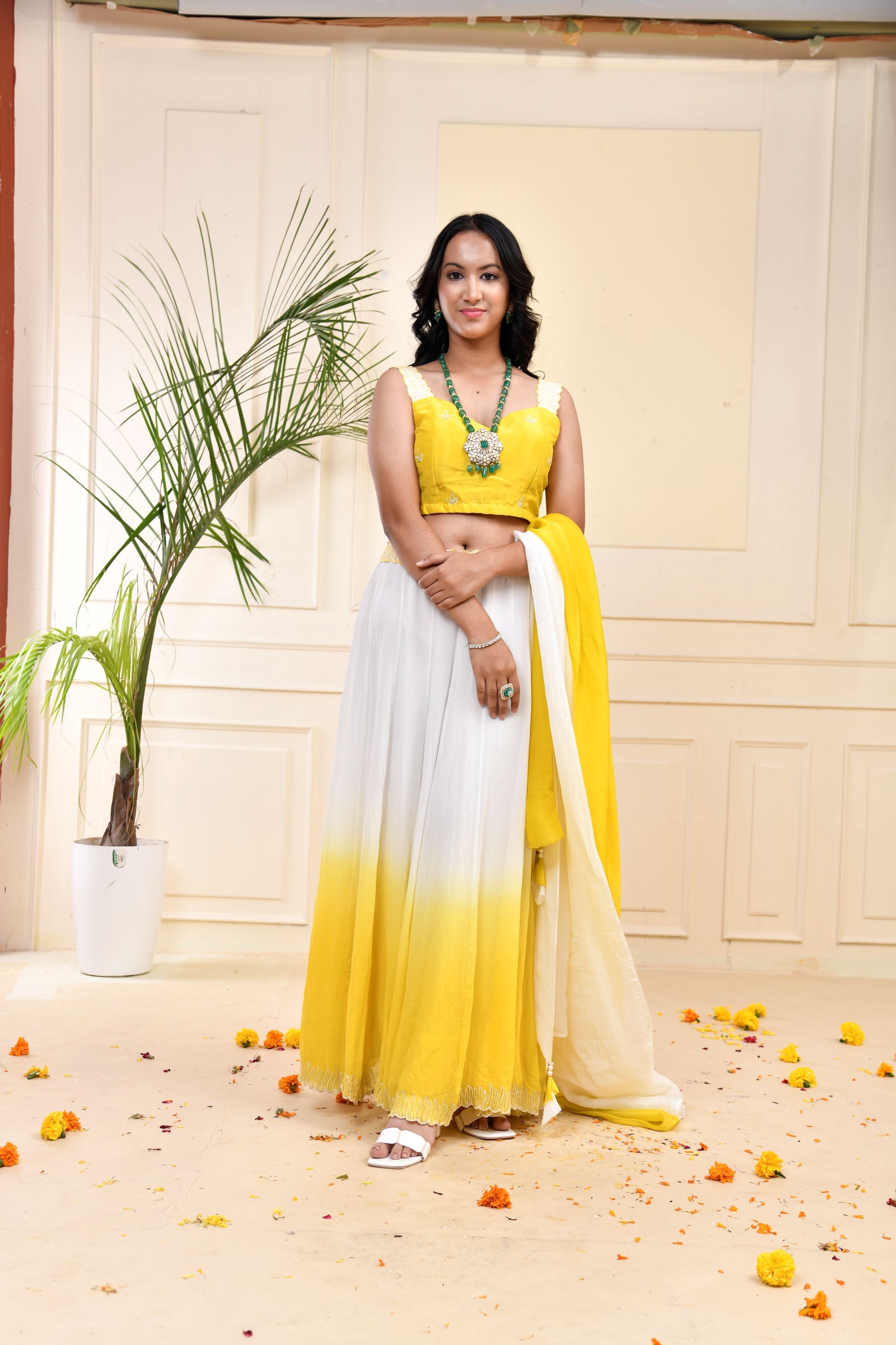 Yellow Ombre-Dyed Georgette Silk Lehenga Set